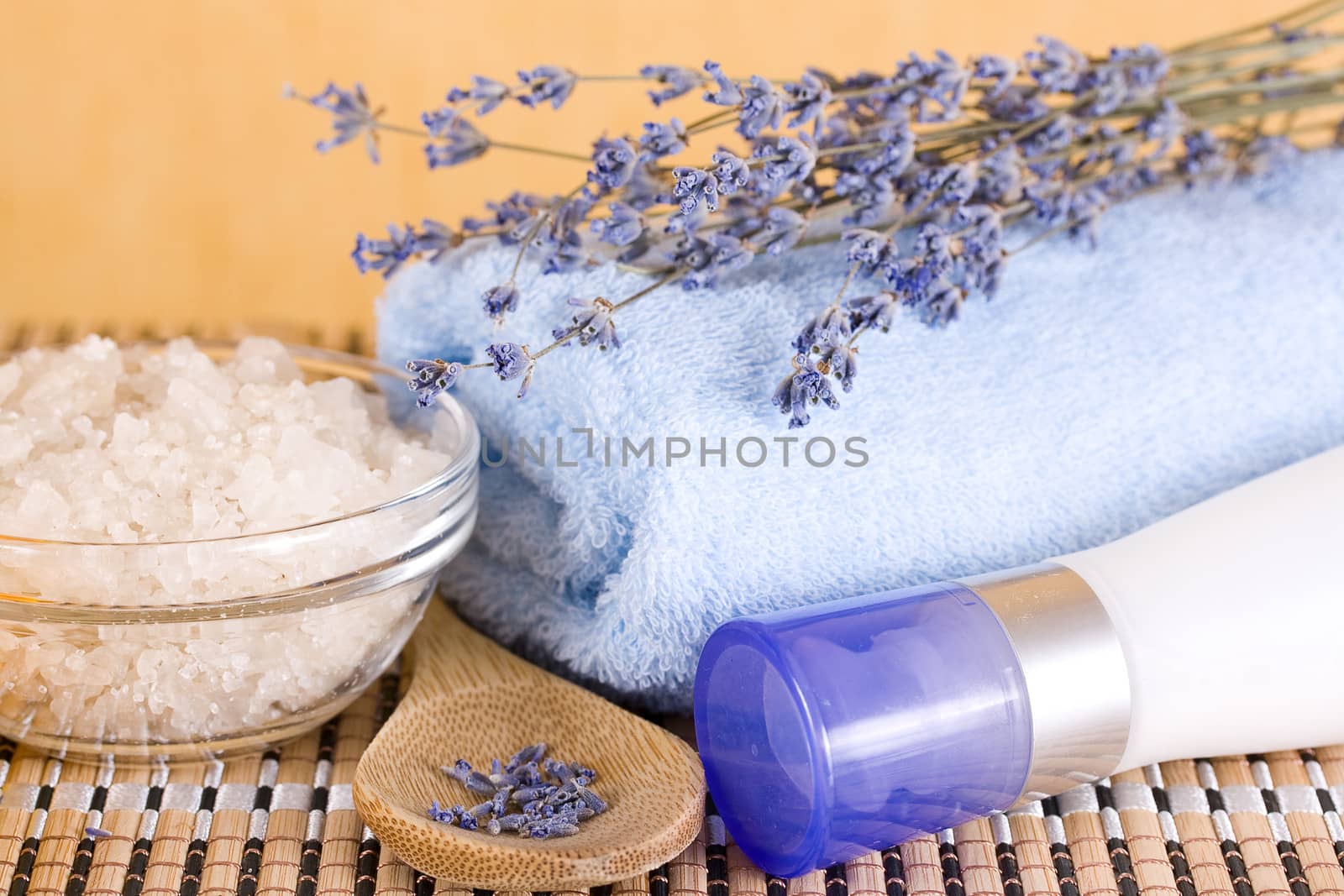 Flower lavender and sea salt for spa treatments