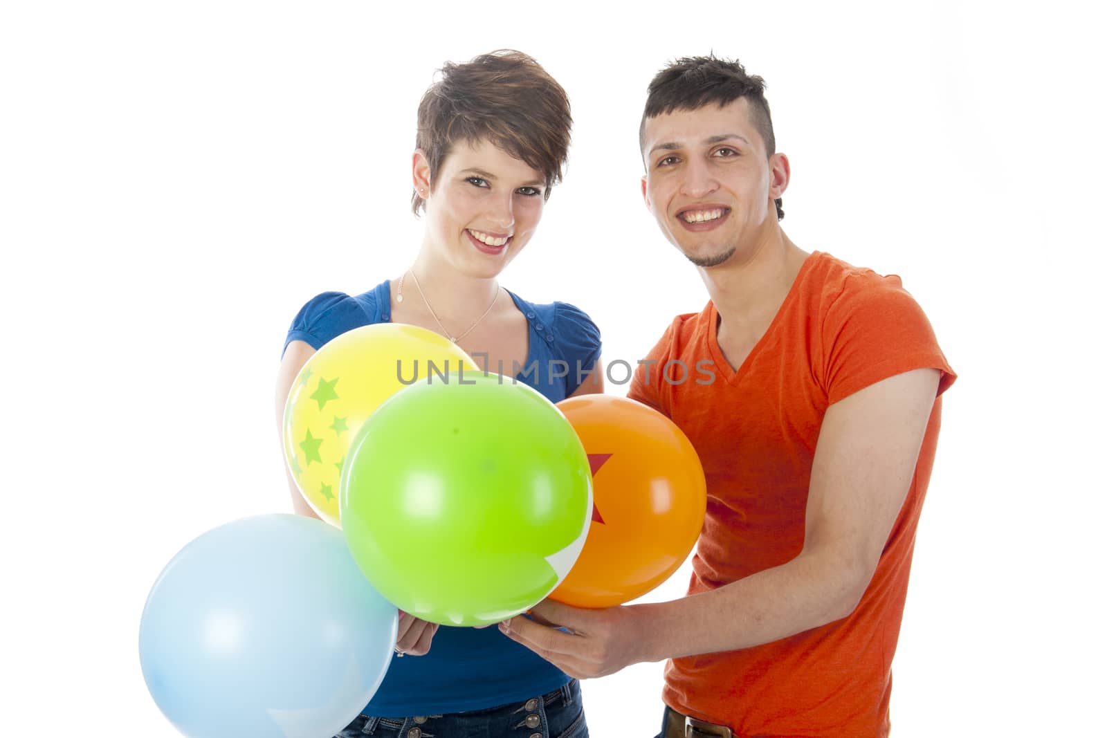 happy couple with colorful balloons on a white background