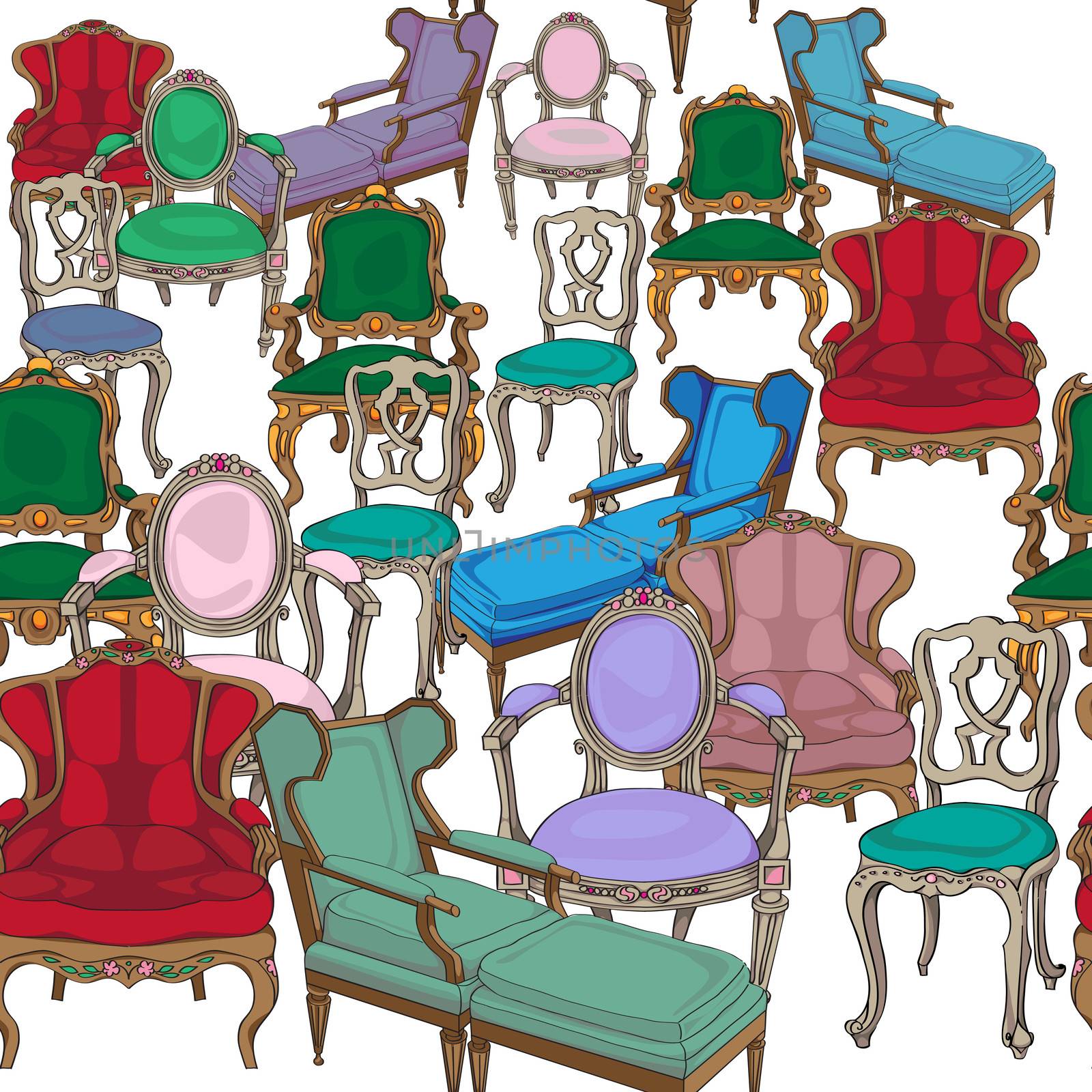 Antique chairs seamless pattern, hand drawn colored doodles over white background