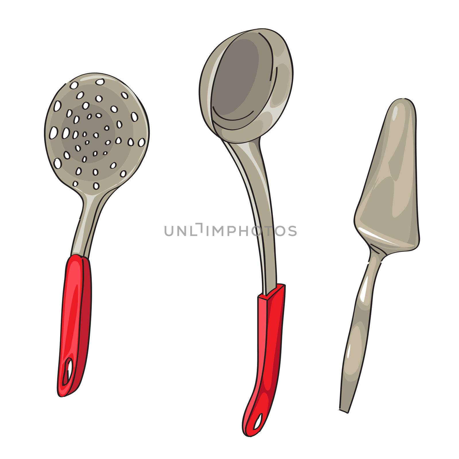 Hand drawn illustration of a collection of kitchen ladles isolated on white