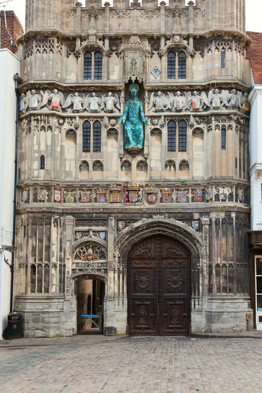 Jesus Christ statue over the city entrance of Canterbury Cathedral in England