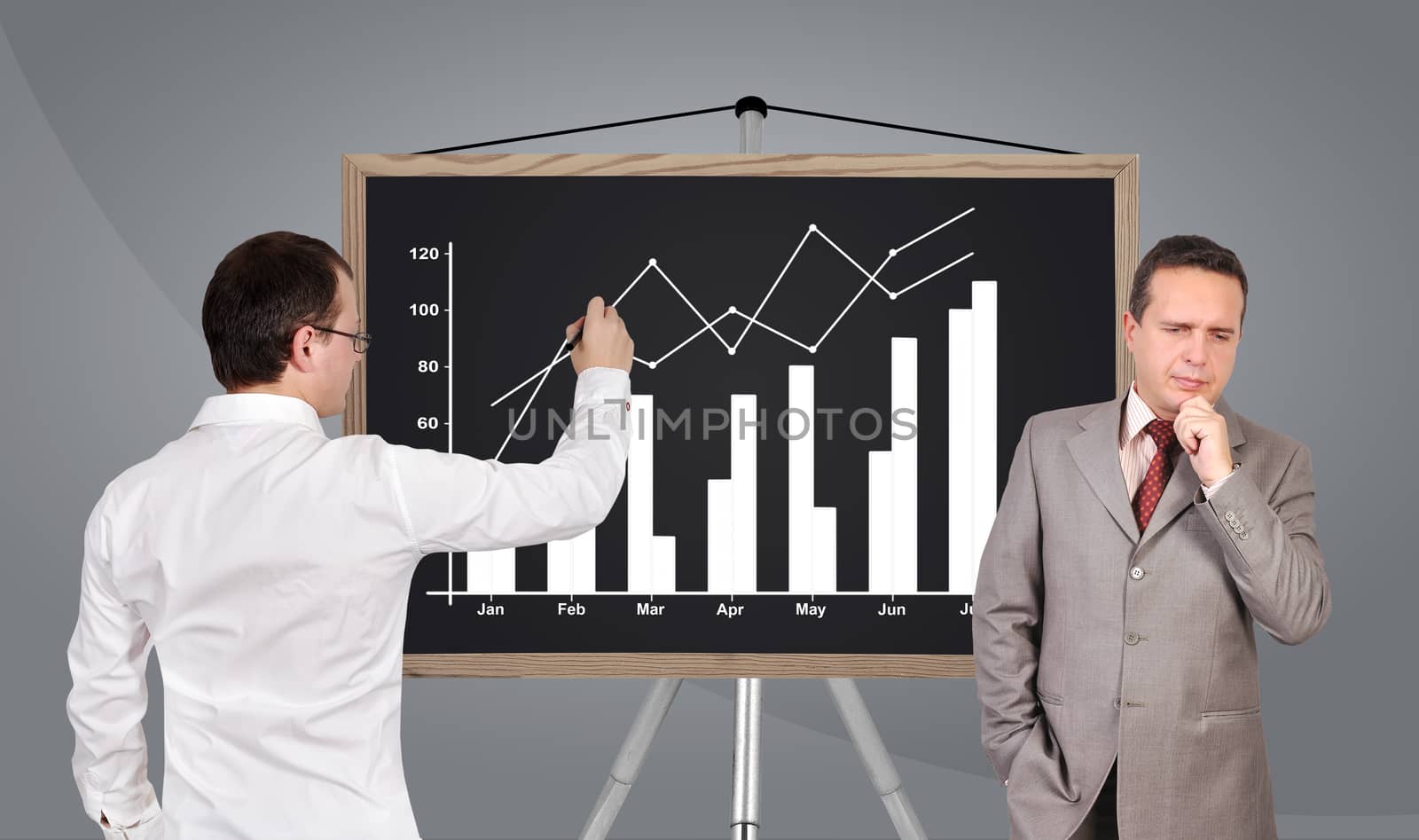 businessman drawing business chart on blackboard
