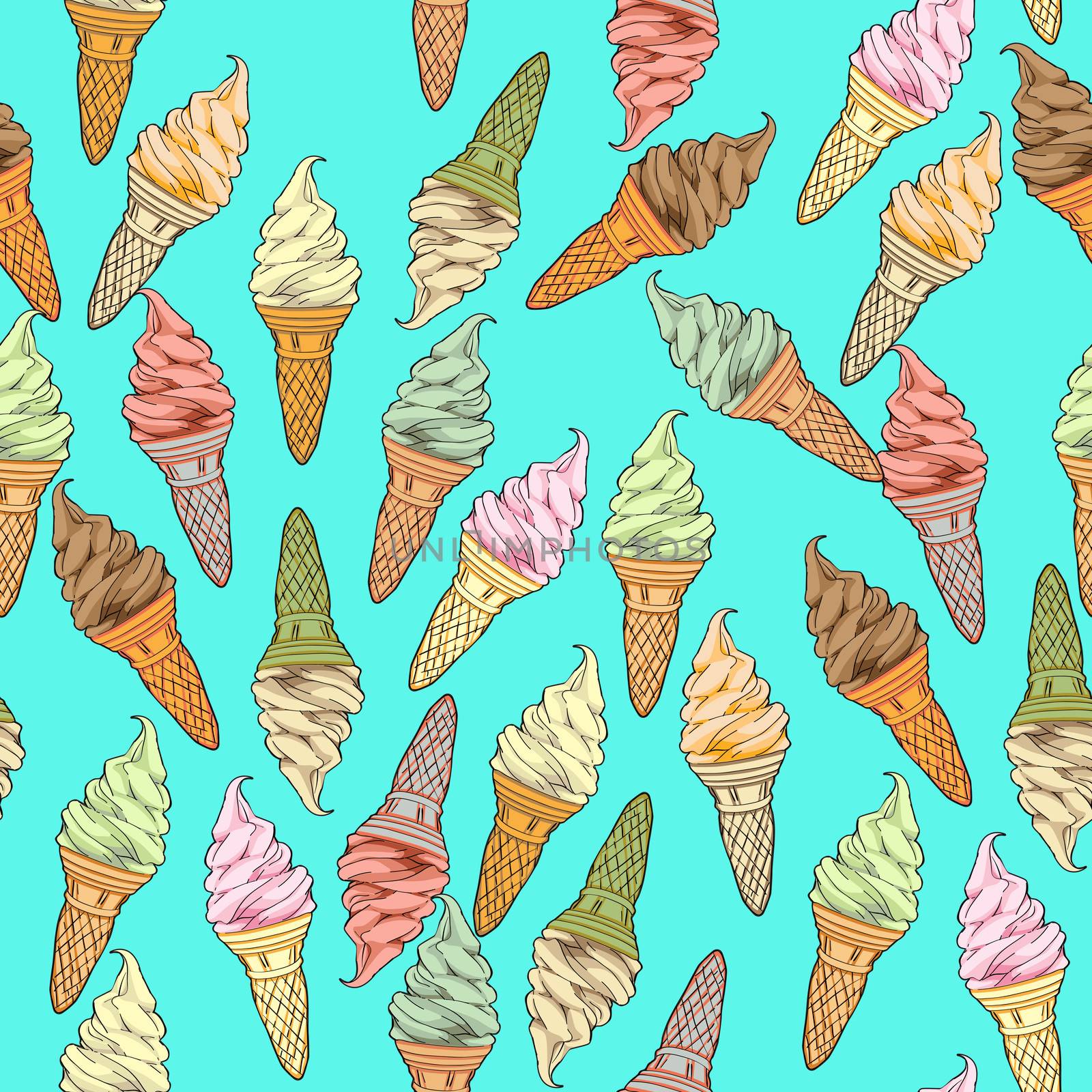 Ice cream seamless pattern, hand drawn doodles over a blue background