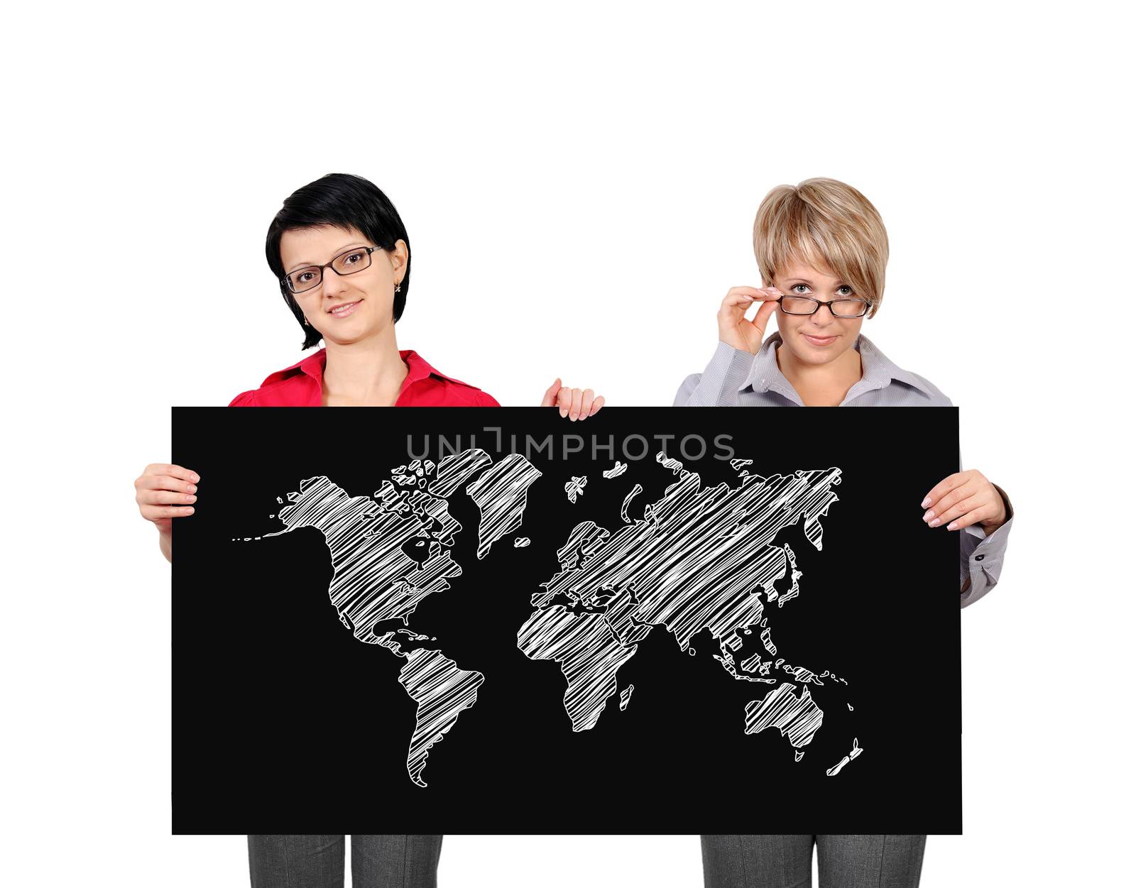 two businesswoman holding poster with wopld map