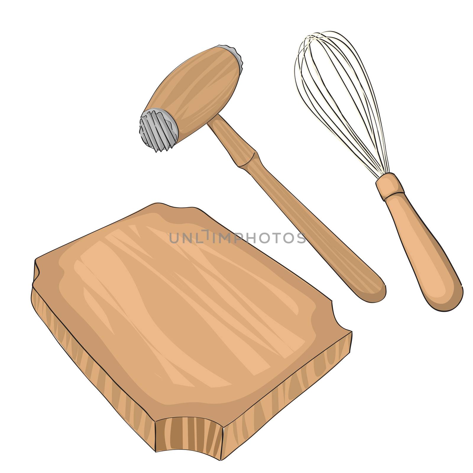 Wooden meat tenderizer on a cutting baord and a wisk, hand drawn objects isolated on white