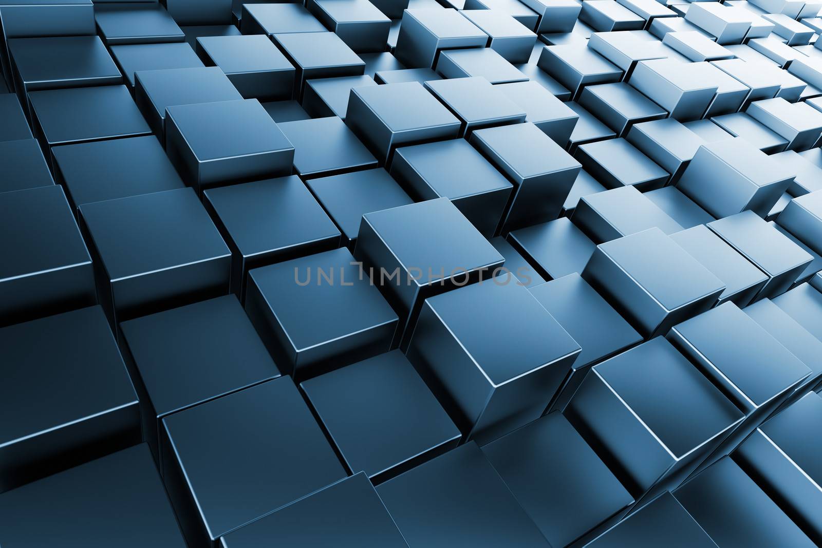Blue metal cubes with back light, abstract background, 3d render
