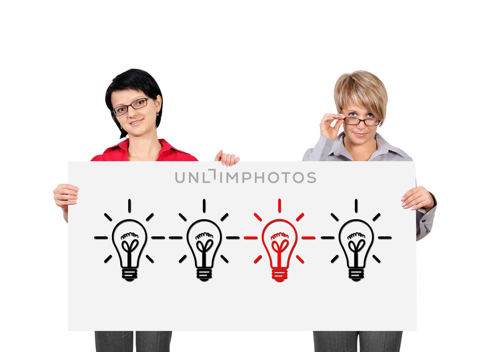 two woman holding billboard with lamps