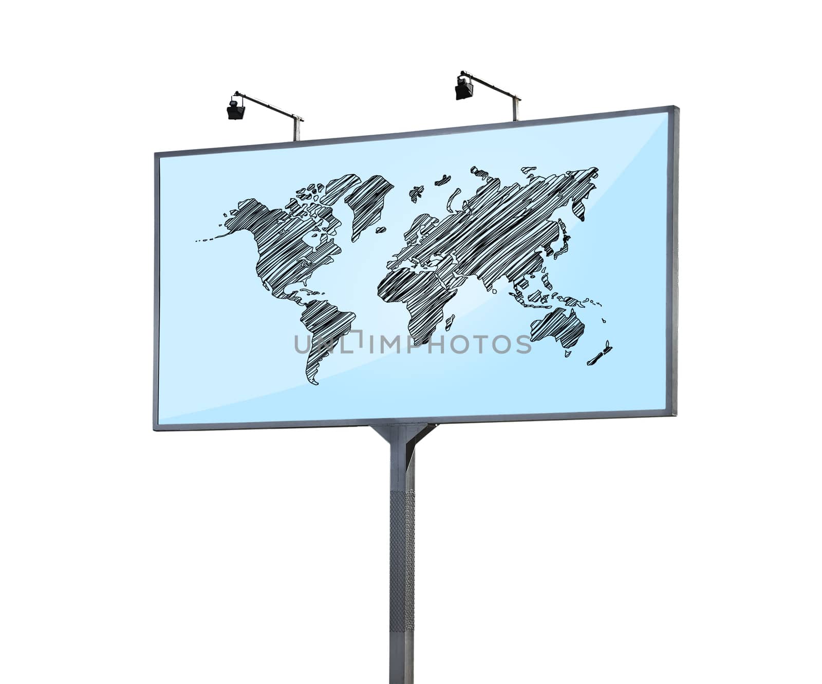 billboard with world map on white background