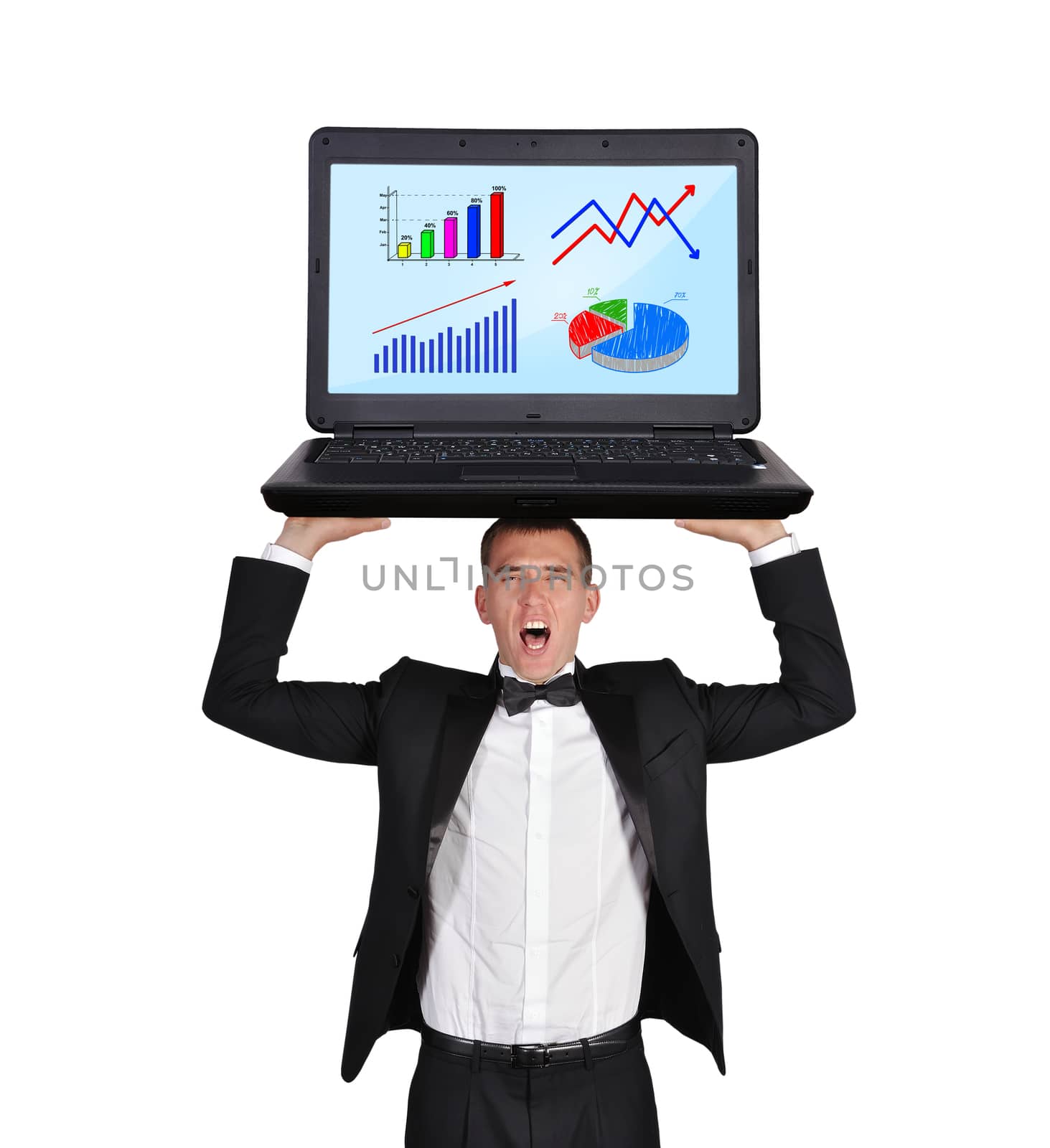 businessman screaming with laptop and chart on screen