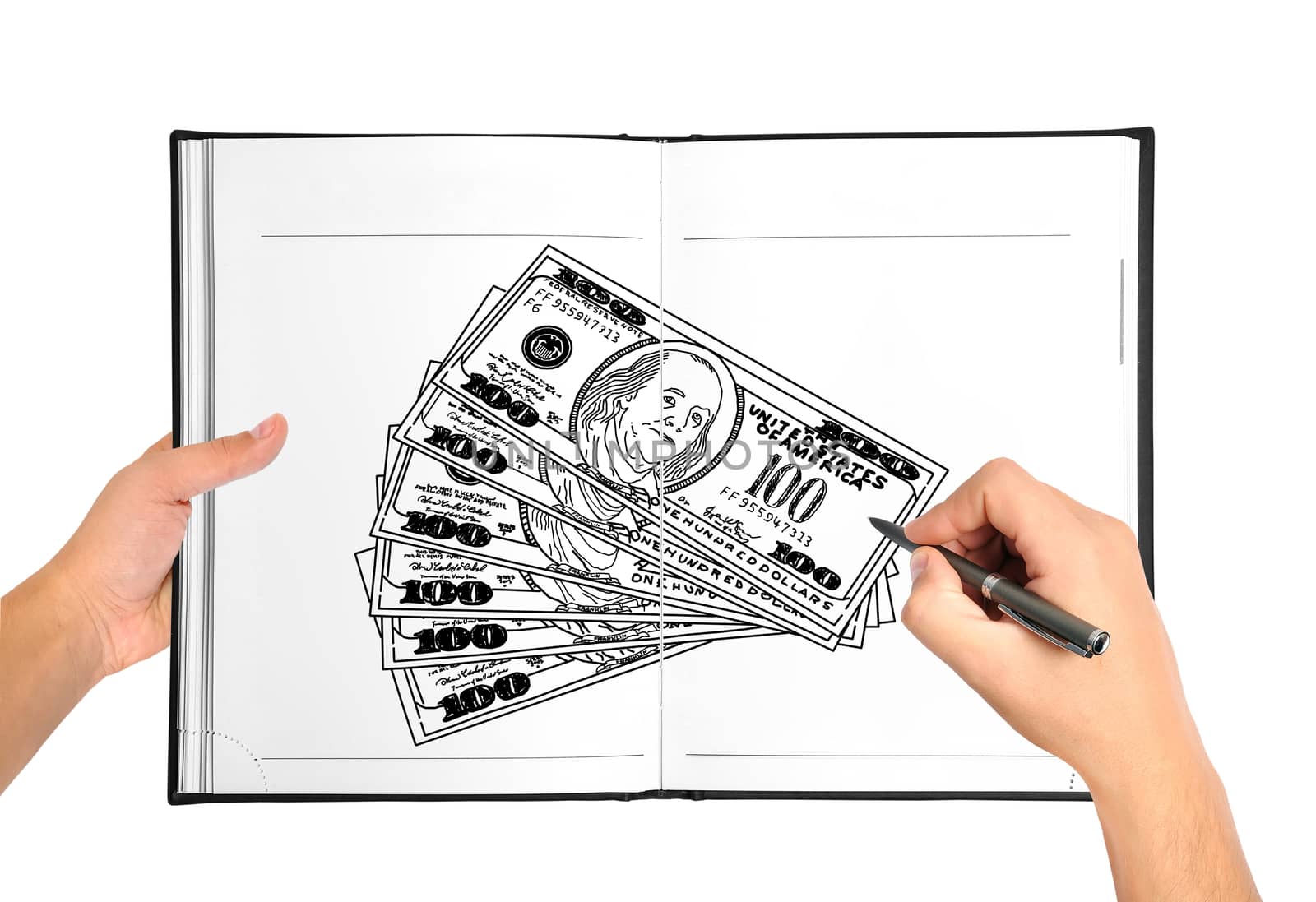 hand drawing money in book