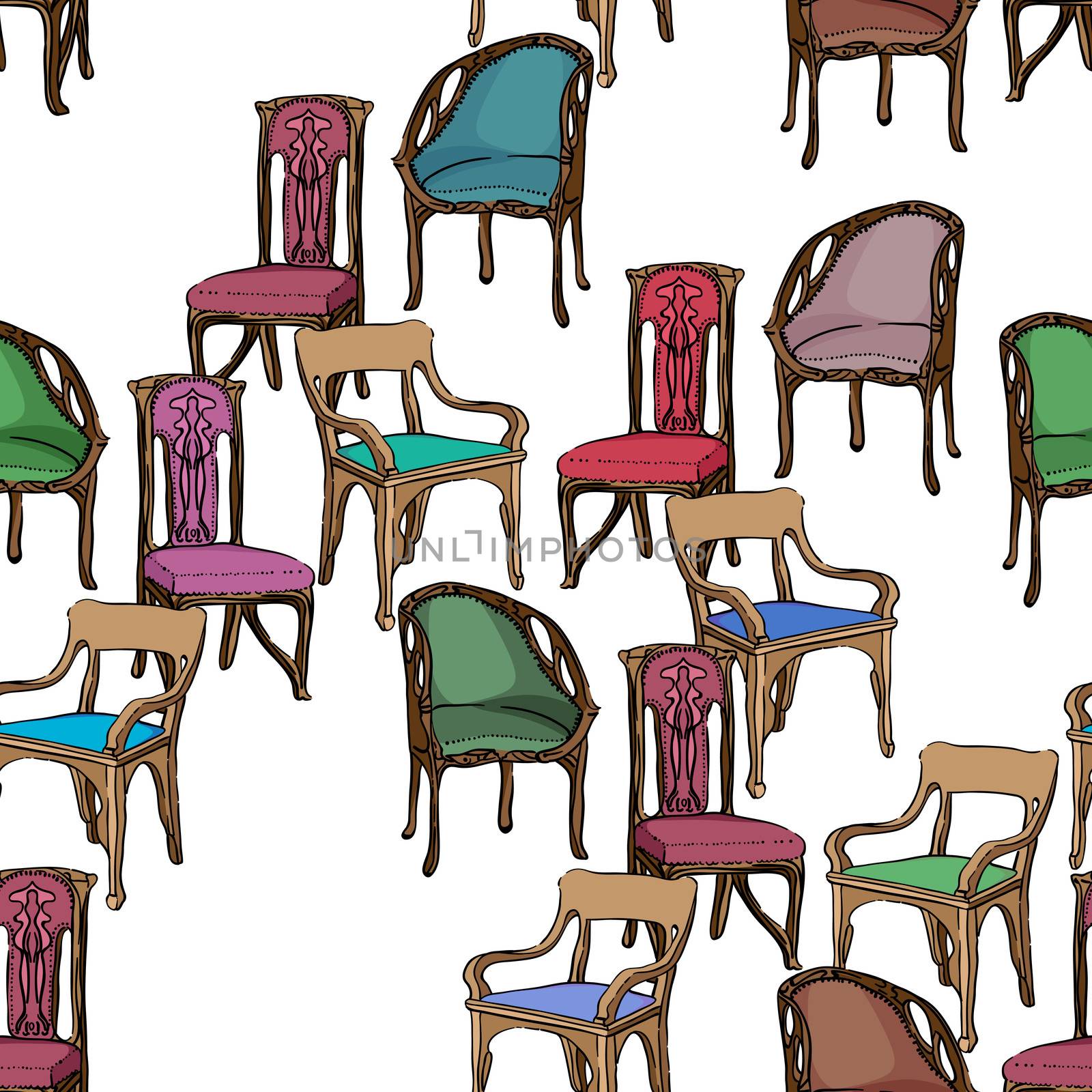 Art Nouveau colored chairs seamless pattern, hand drawn illustration of a series of chairs isolated on white