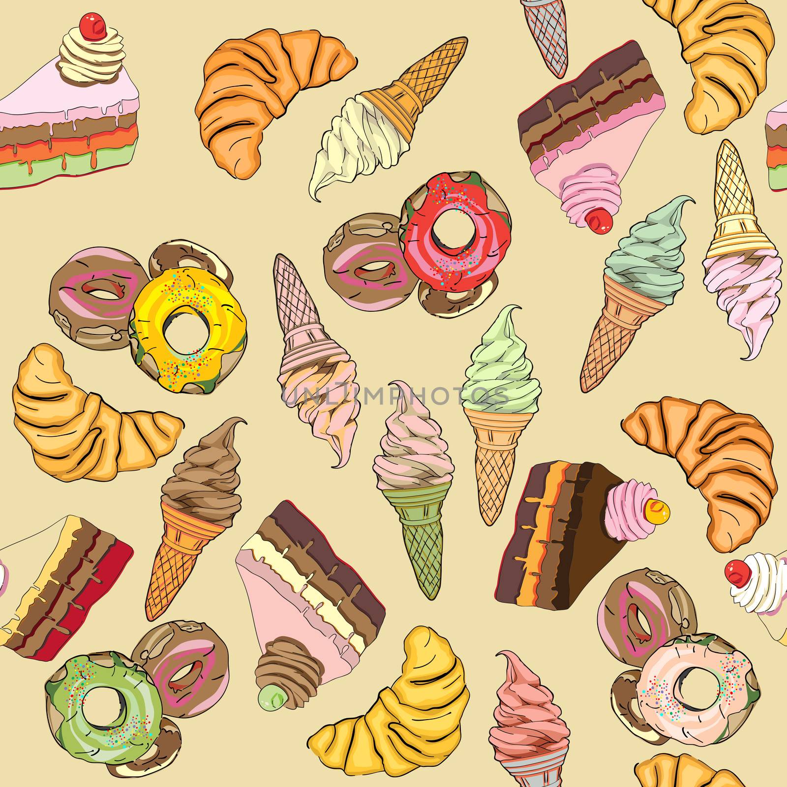 Sweets seamless pattern, hand drawn clolored doodles over a retro yellow background