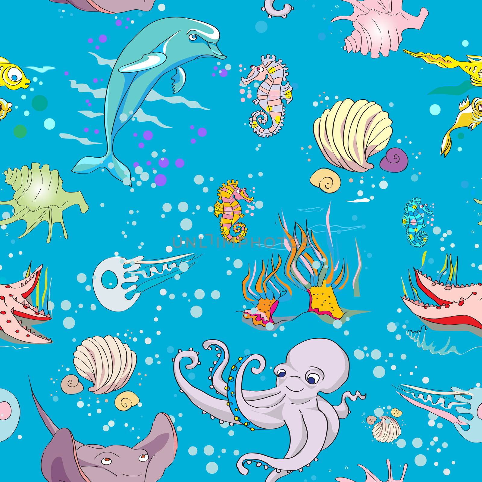 Underwater life seamless pattern with fishes and sea animals, hand drawn doodles over a blue background