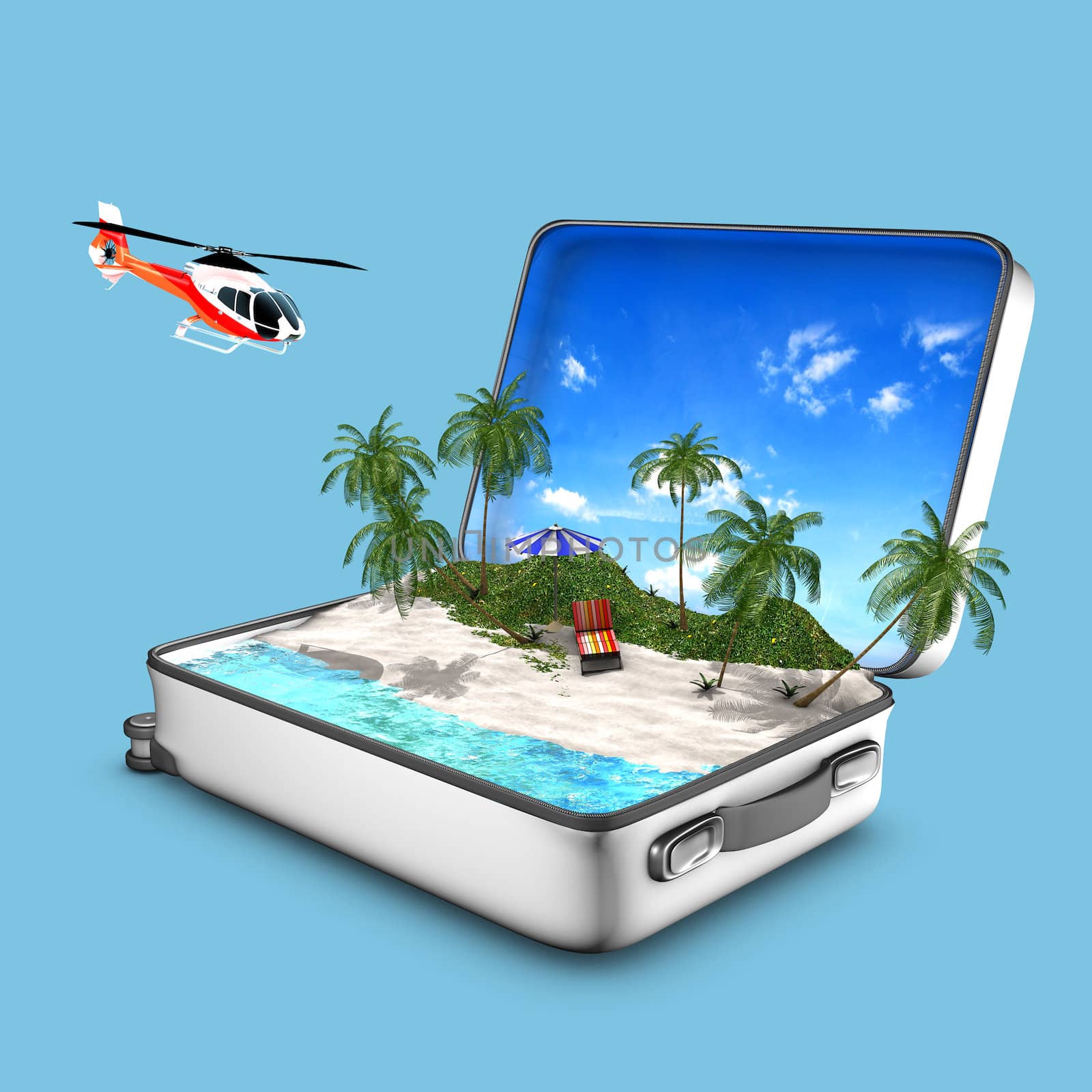 Concept of opened suitcase that contains a paradise beach with sea, sand, grass, lounger, helicopter