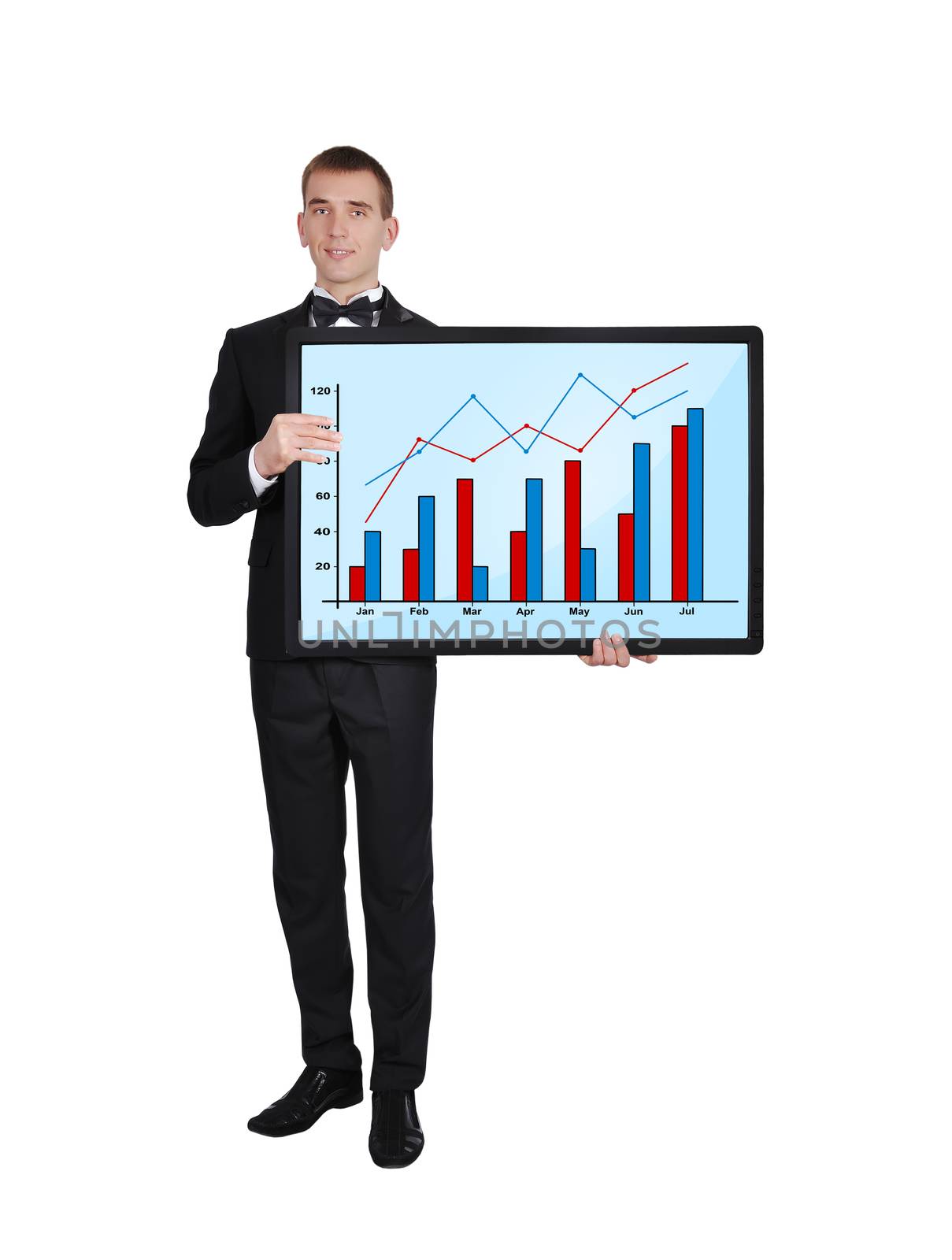 businessman in tuxedo holding plasma with chart