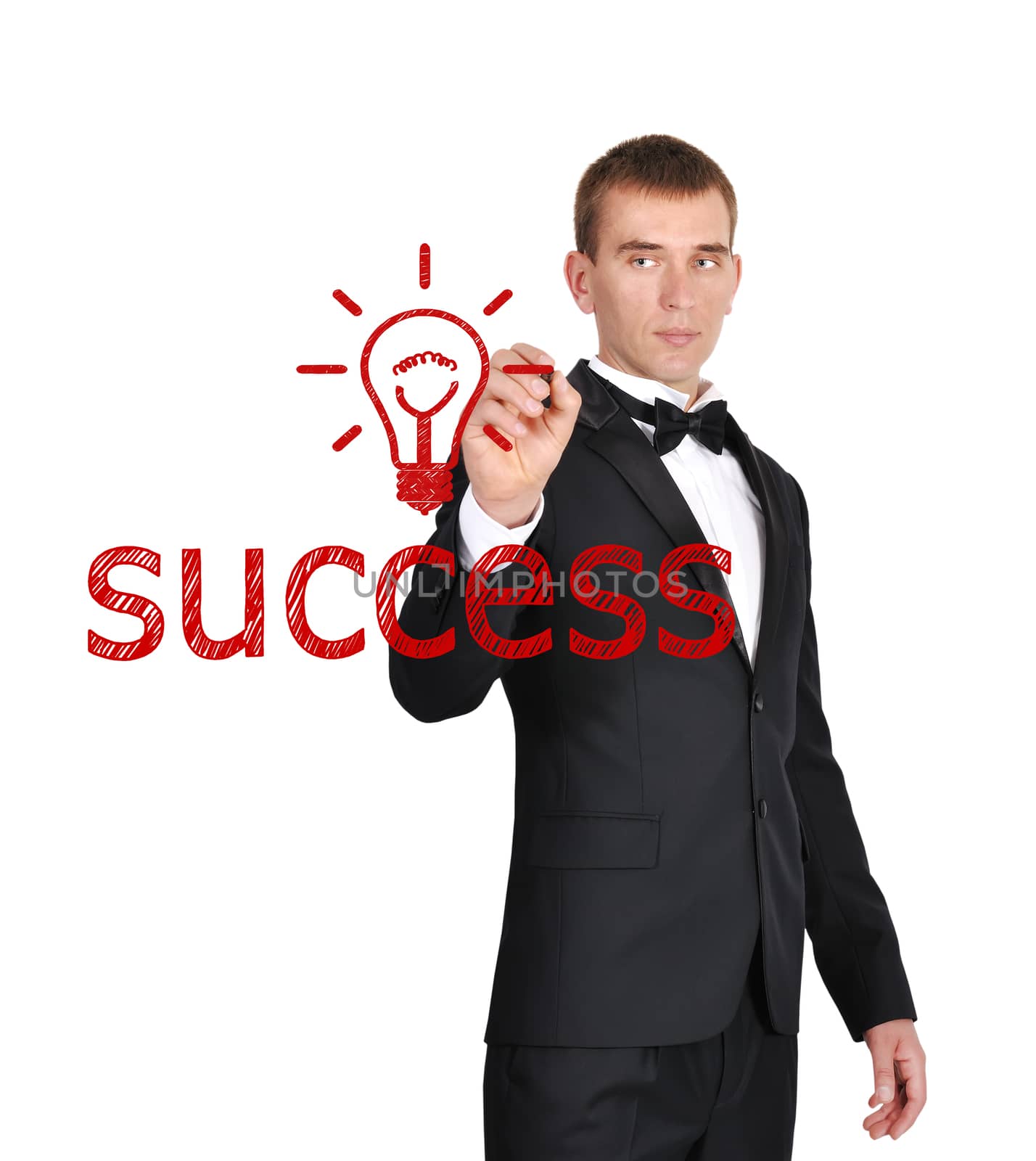 businessman in tuxedo drawing success symbol