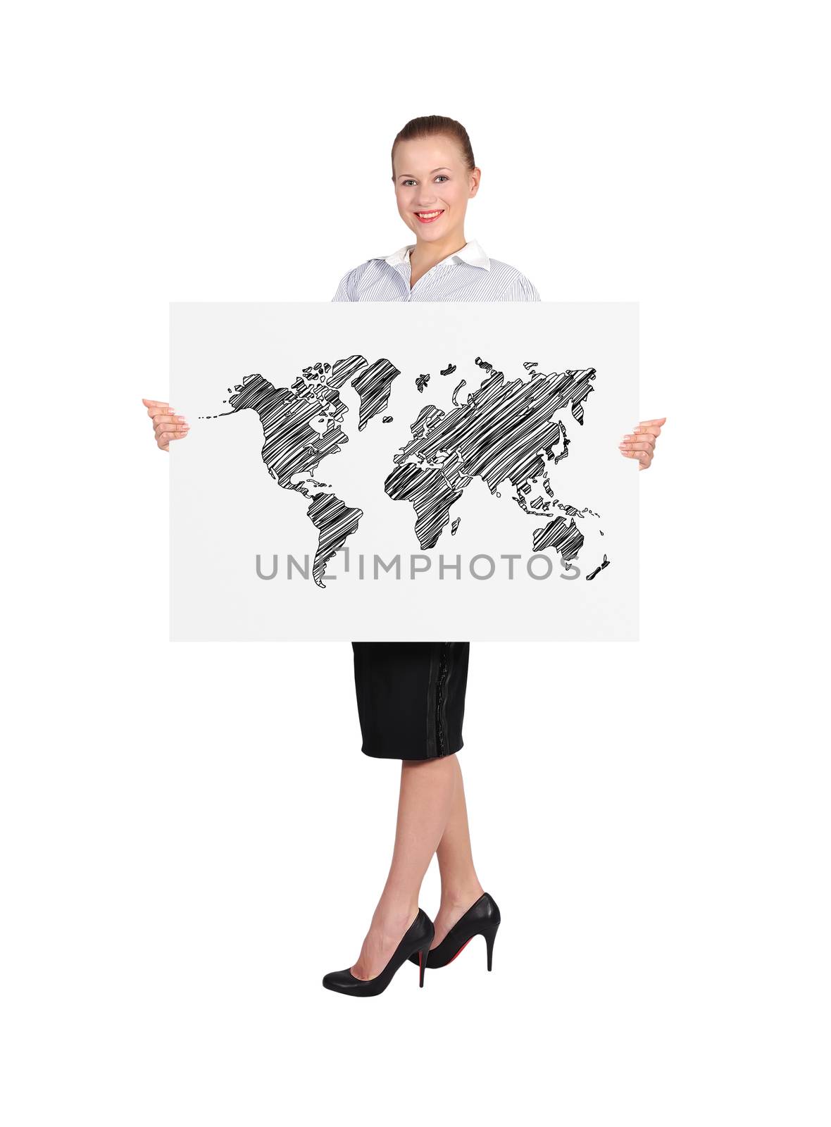 businesswoman holding poster with wopld map