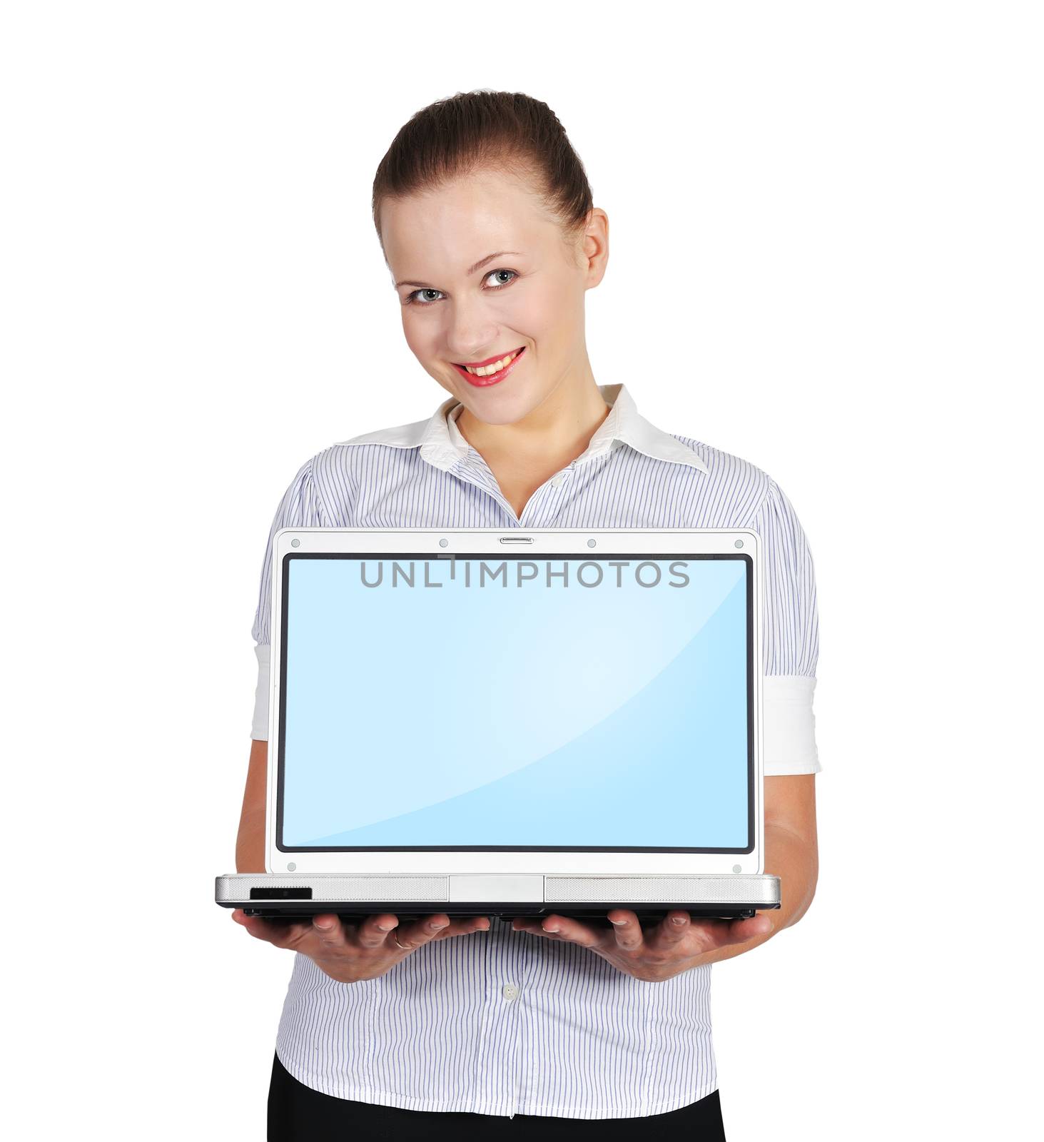 woman holding laptop on a white background