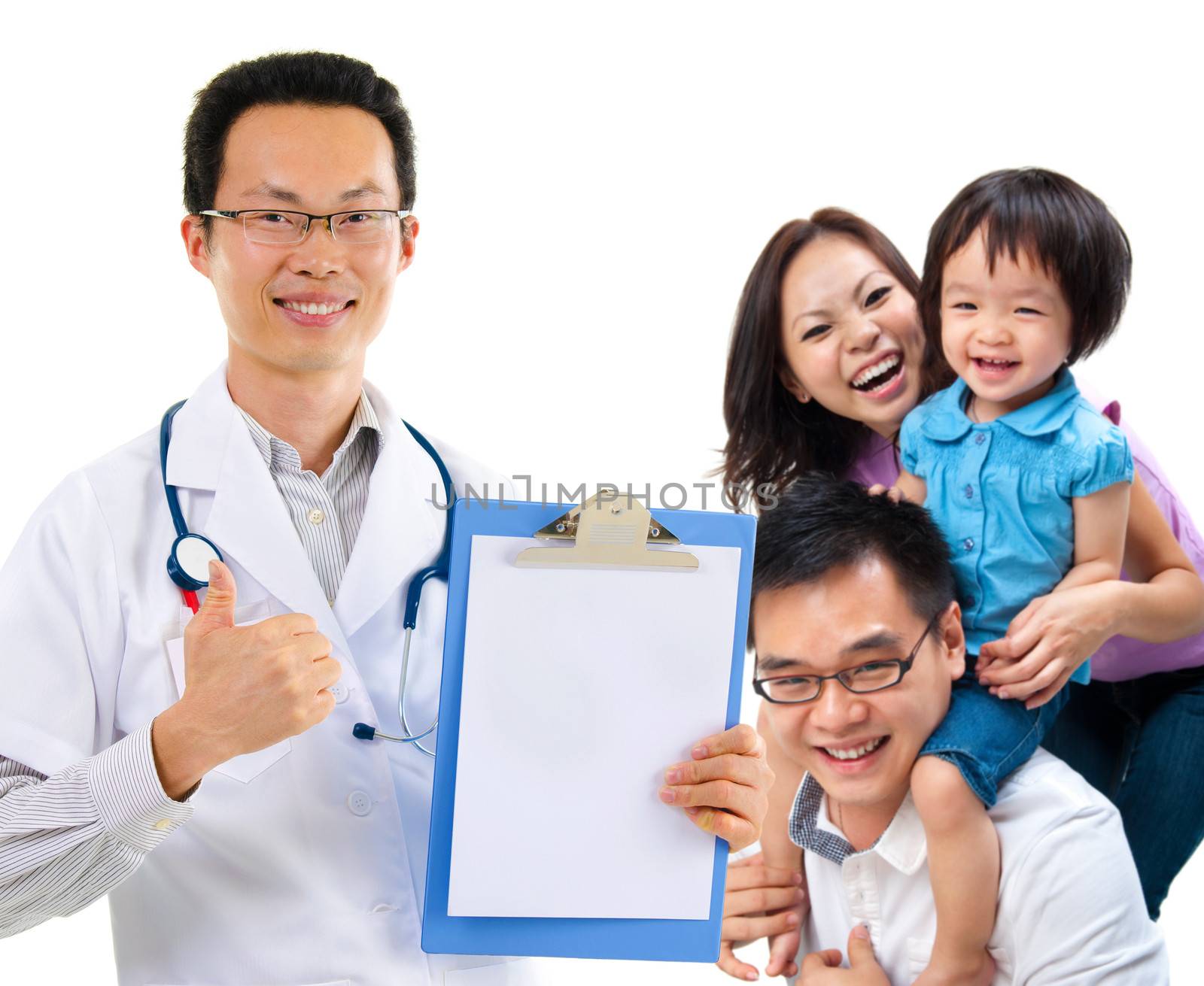 Smiling friendly Chinese male medical doctor and young patient family. Health care concept. Isolated on white background.