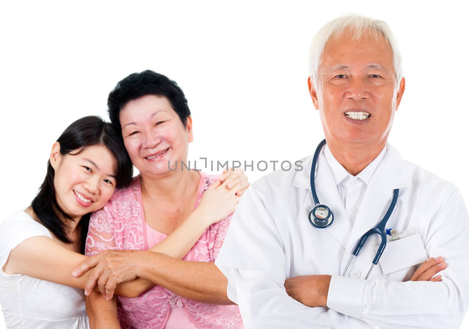 Smiling friendly Asian senior medical doctor and patient family. Woman health care concept. Isolated on white background.