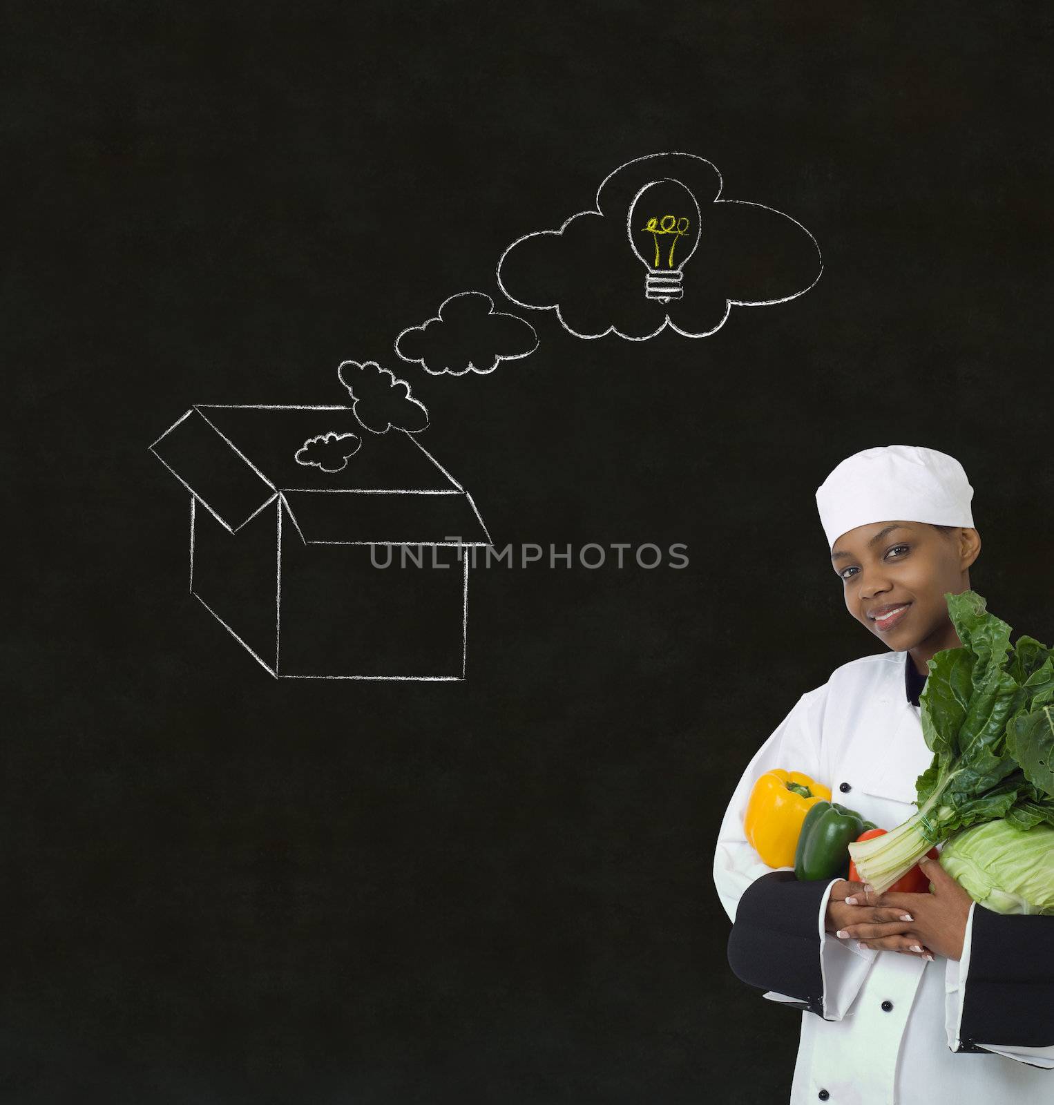 African woman chef thinking out the box chalk concept blackboard background by alistaircotton