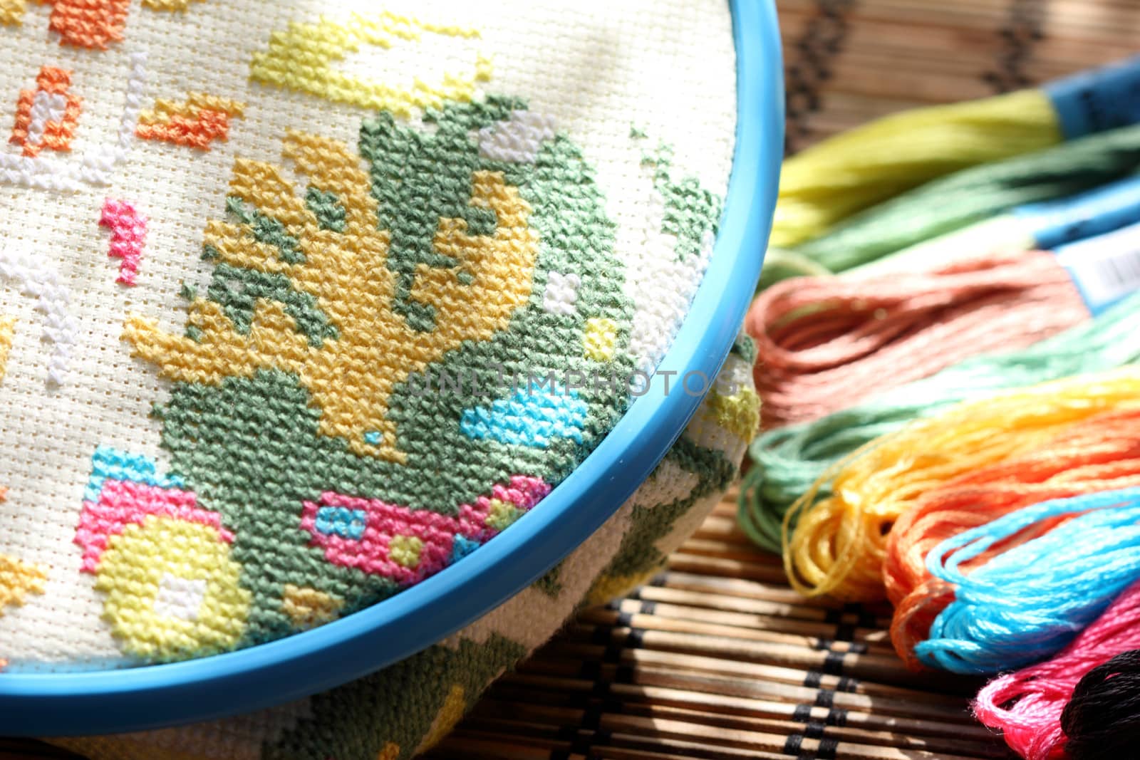 a tangle of colored threads for embroidery and needle