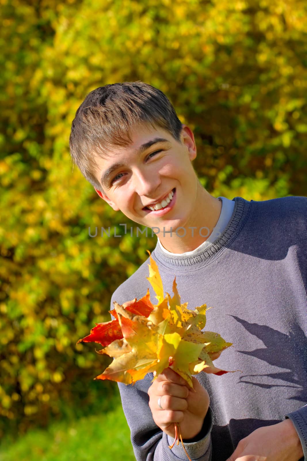 teenager stand with autumn leafs in the park