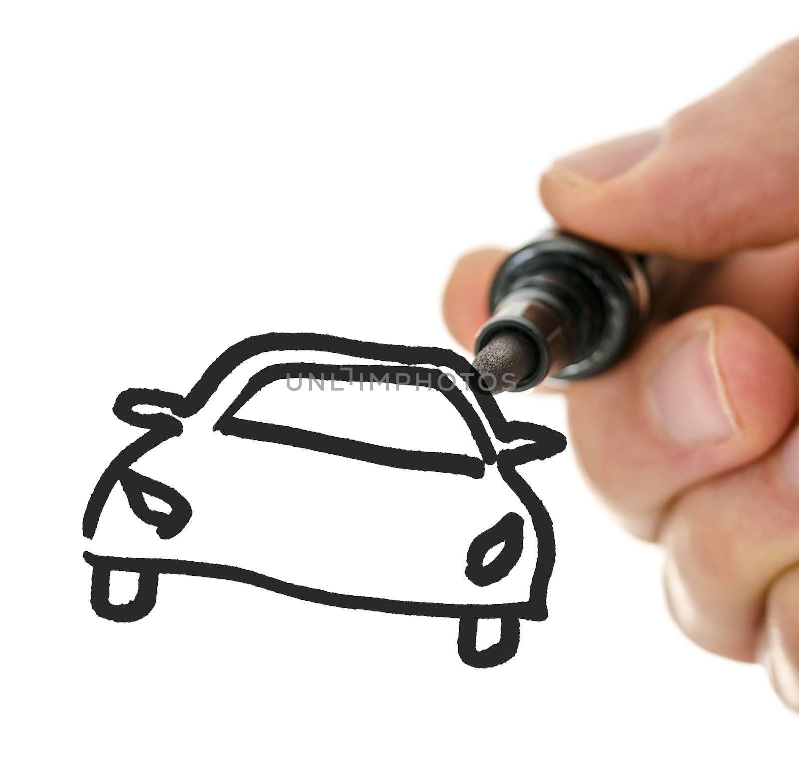 Male hand drawing car on virtual whiteboard.