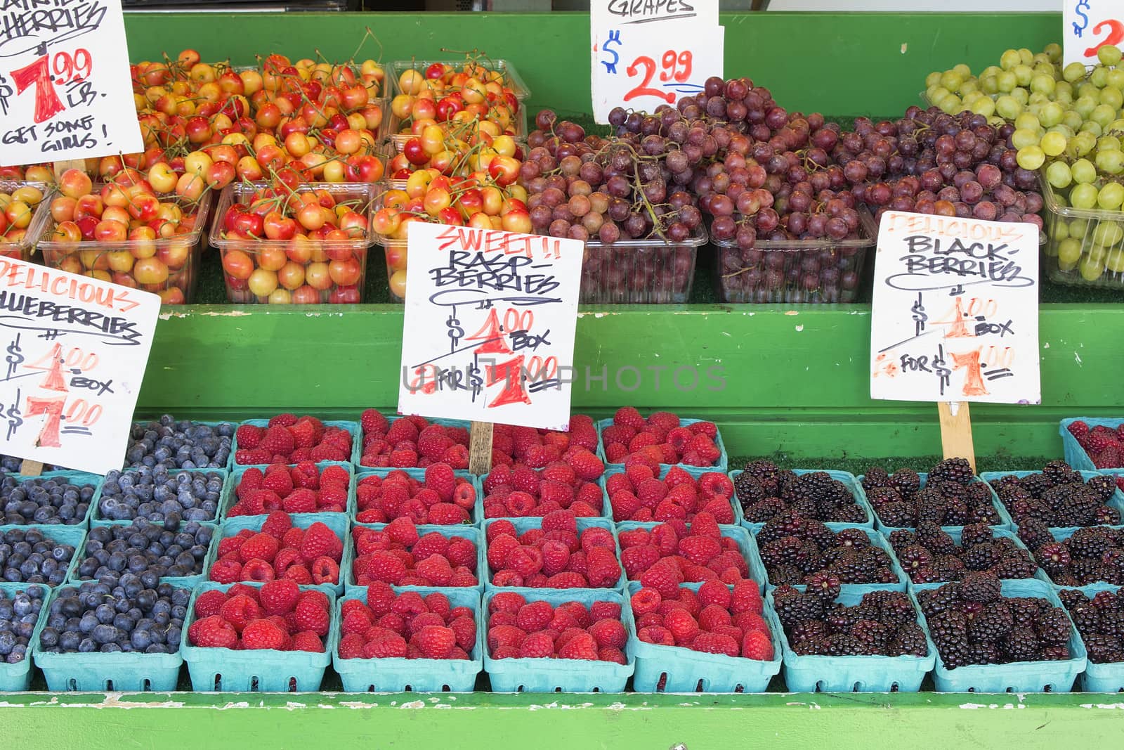 Blueberries Raspberries Grapes Cherries Blackberries Display with Signage at Fruit and Vegetable Stand