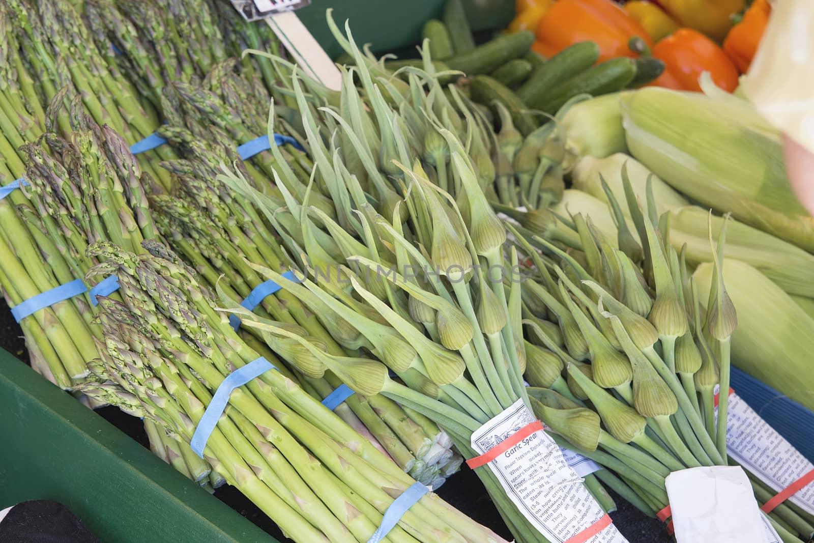 Garlic Spears and Asparagus Bundles Display at Fruit and Vegetable Stall