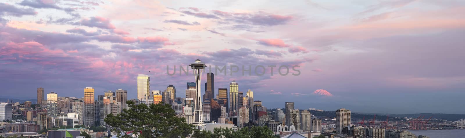 Seattle Washington City Downtown Skyline with Puget Sound and Mount Rainier at Sunset Panorama