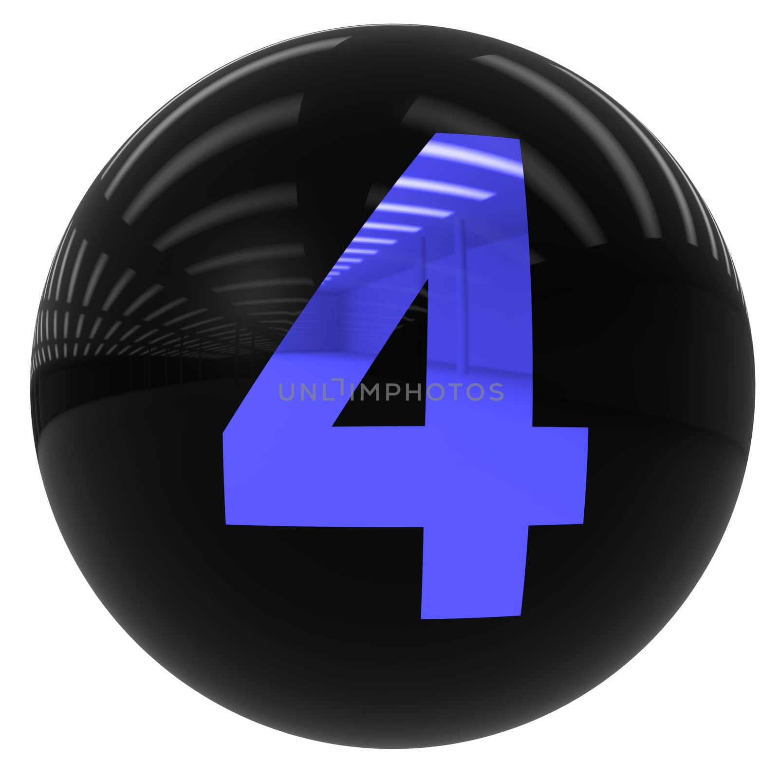 3d black ball with the number four isolated on white with clipping path