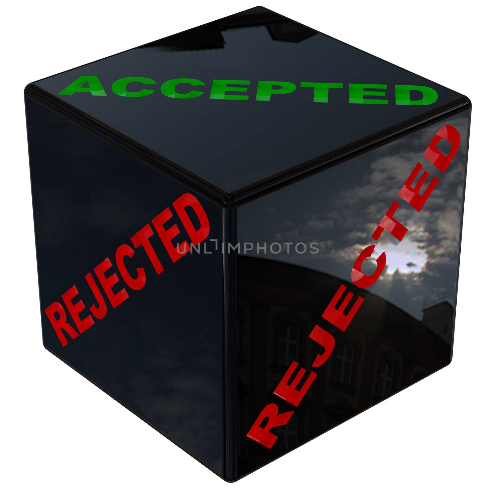 concept of luck in a dice 3d with the word accepted and rejected isolated with clipping path