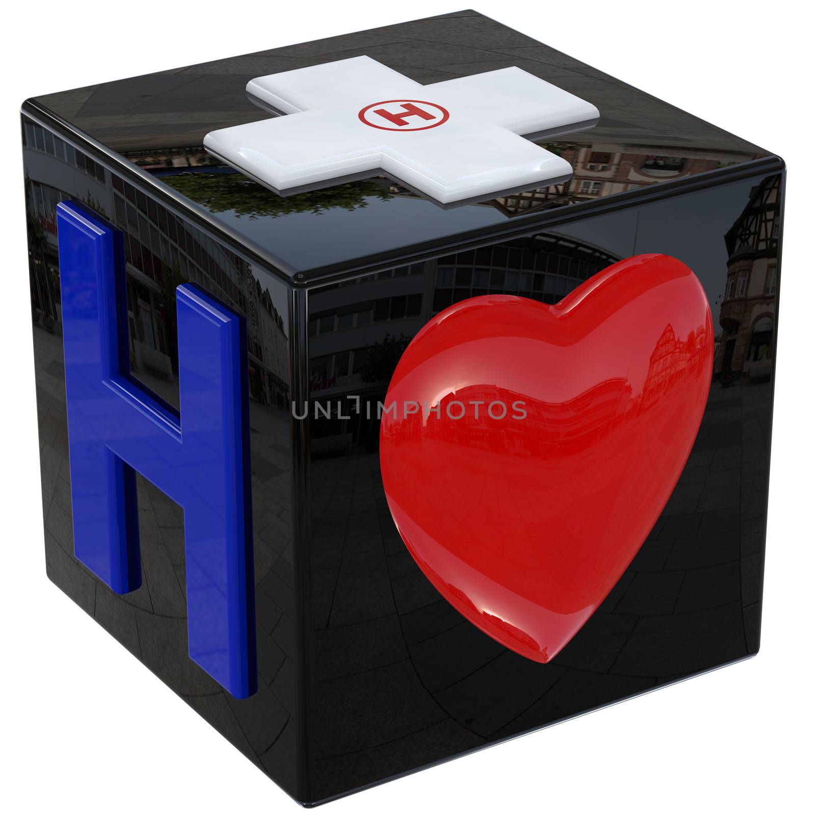 symbols concept of health and medicine hospital a 3d cube with clipping path