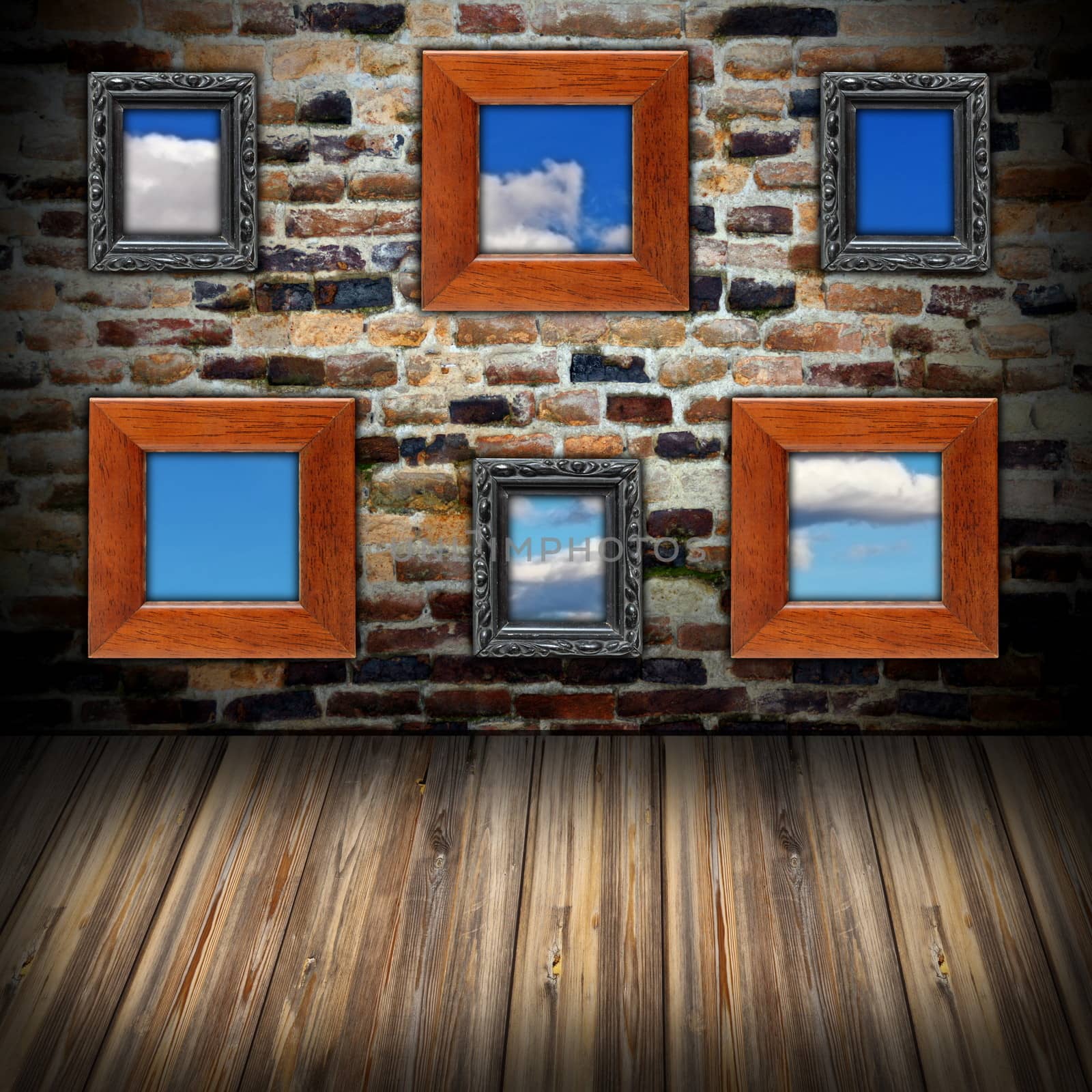 abstract interior backdrop with wooden frames like windows - you can see the sky through them