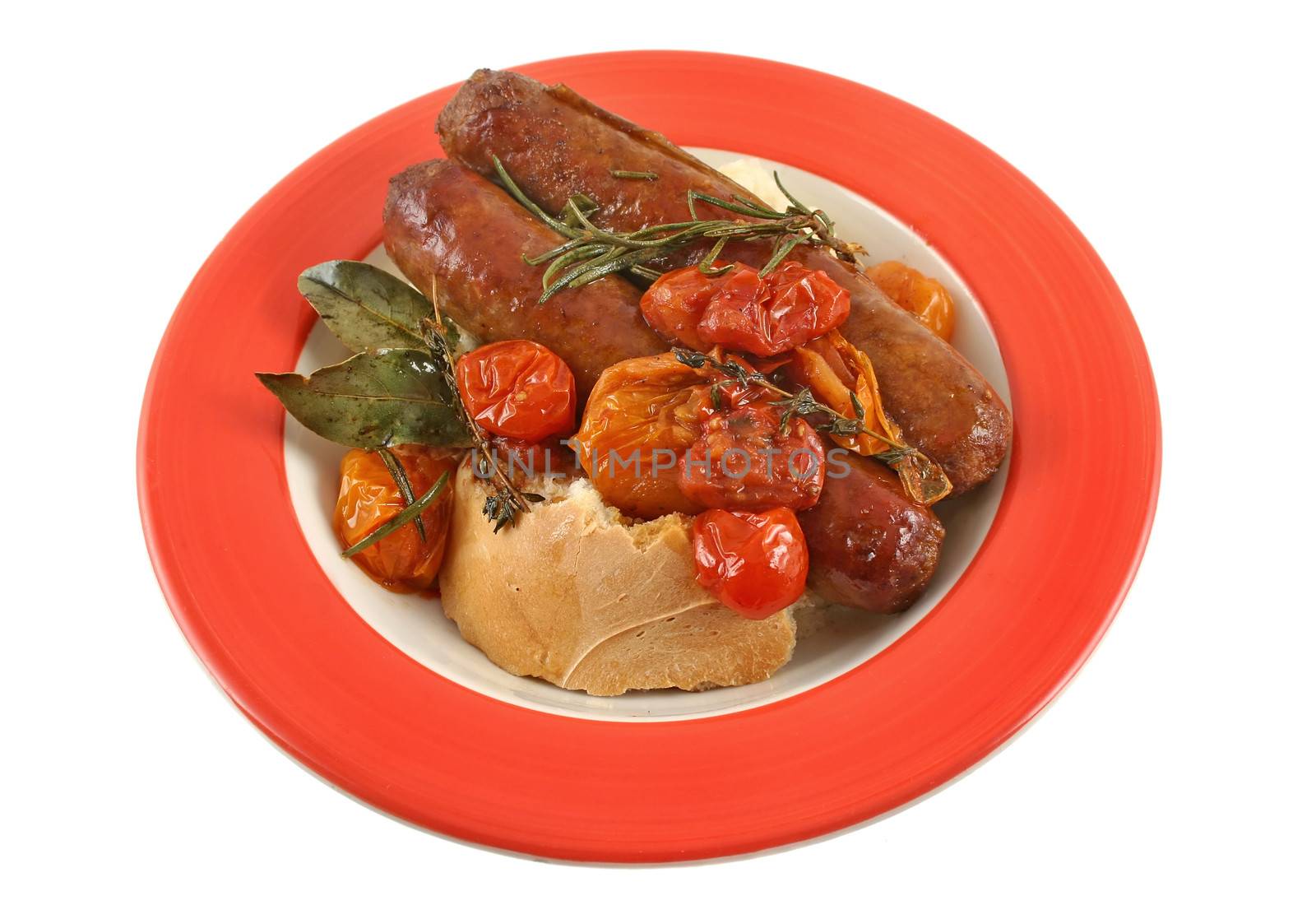 Delicious beef sausage and cherry tomato bake with rosemary.