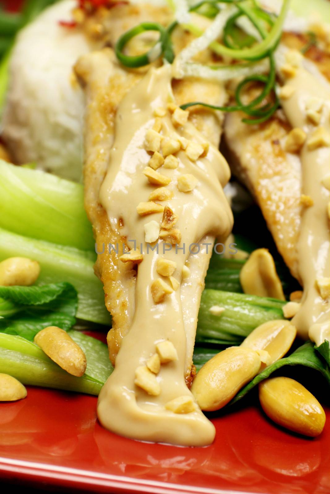 Delicious chicken satay skewers with peanut sauce.