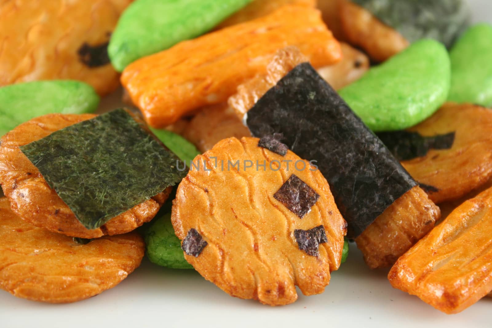 Multi colored Asian rice crackers ready to serve.