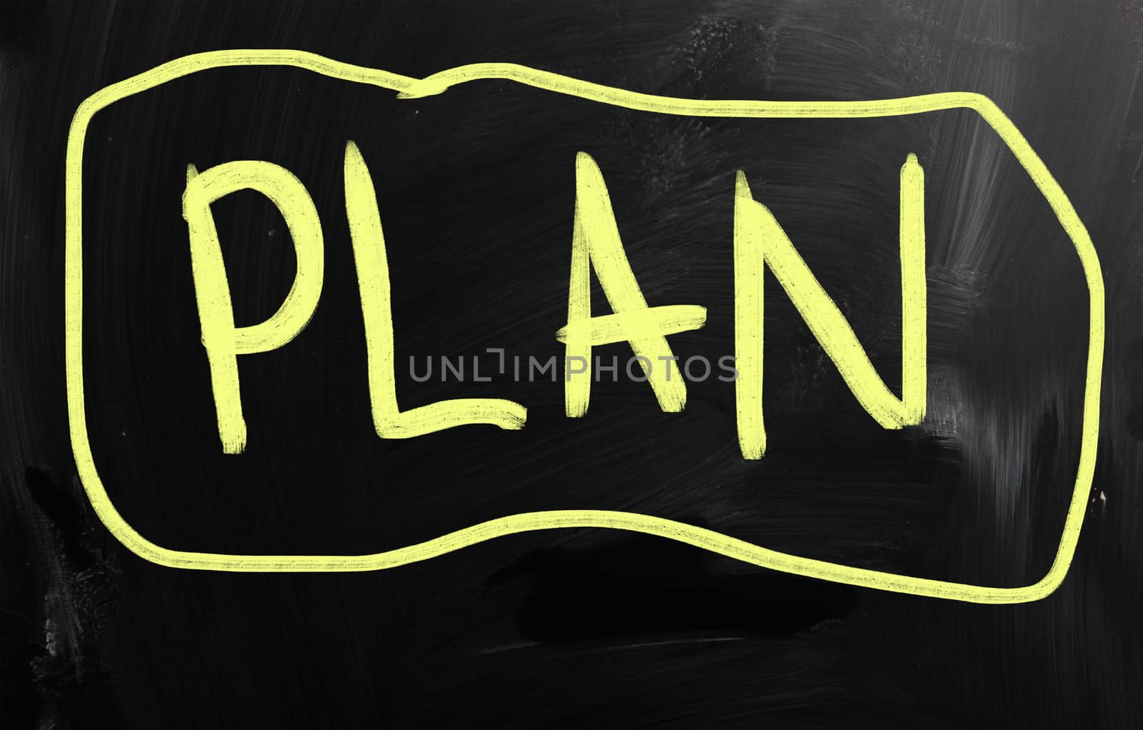 Business ideas handwritten with white chalk on a blackboard.