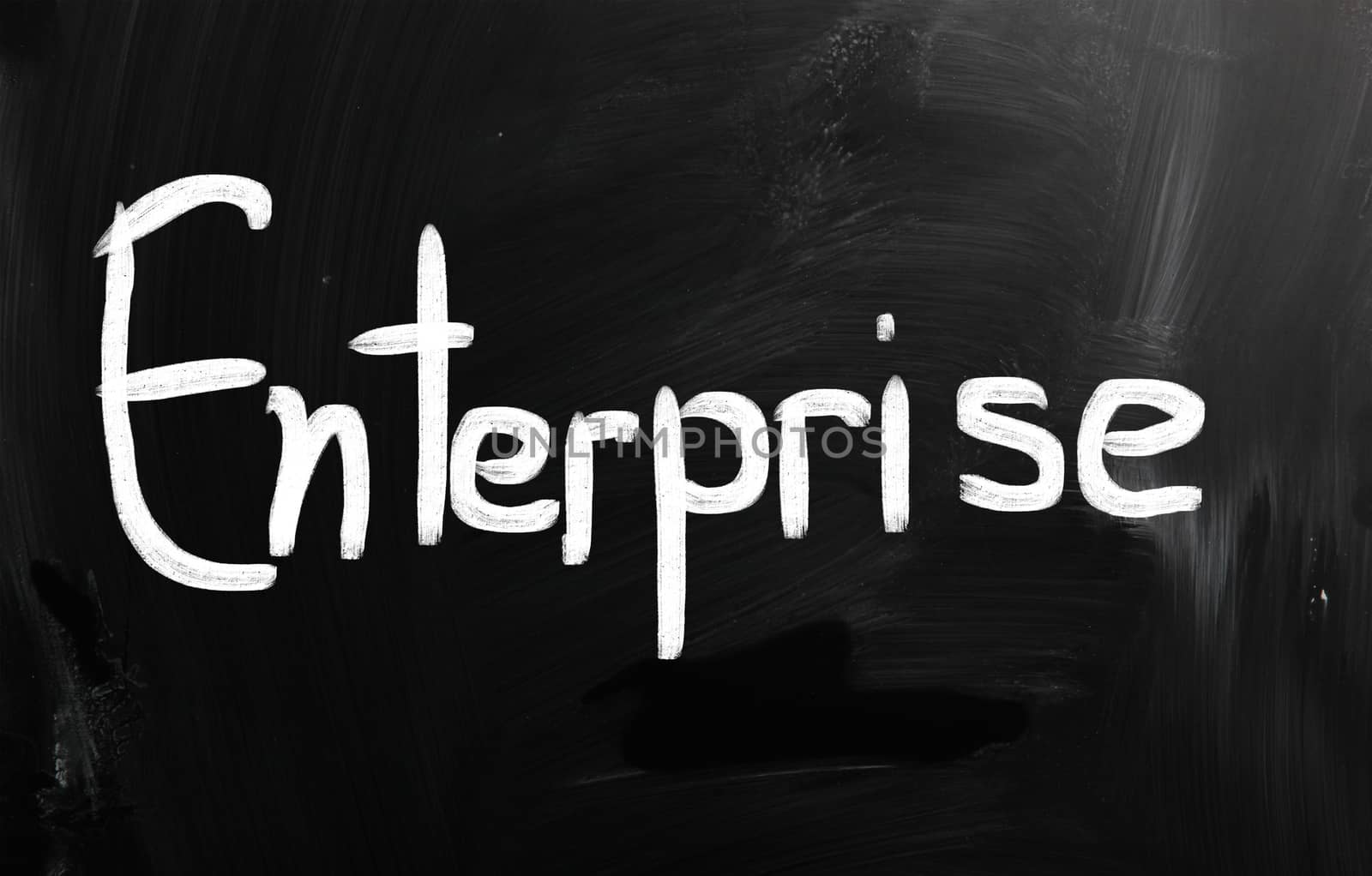 Business ideas handwritten with white chalk on a blackboard.