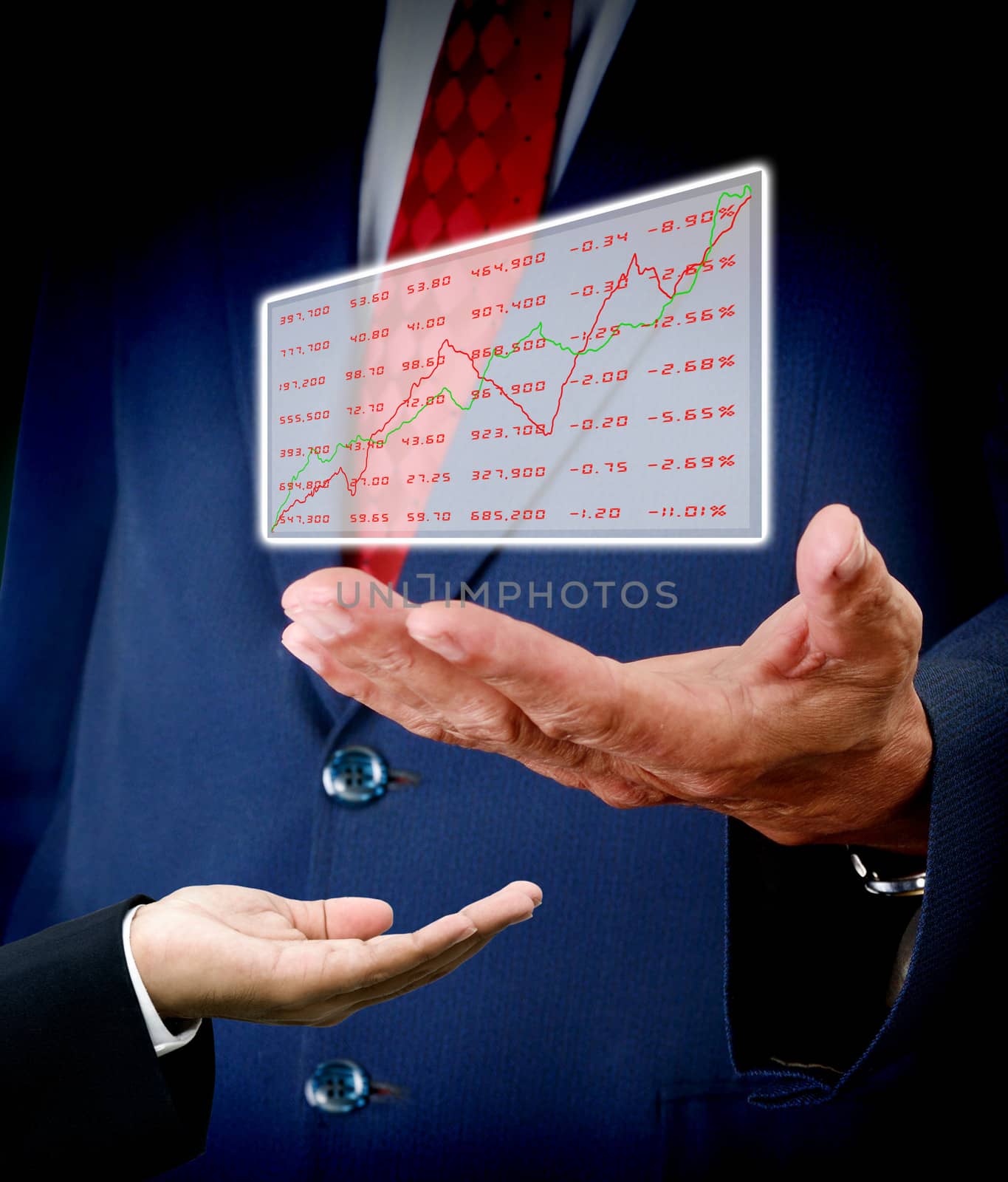 Stock exchange analysis data in senior hand