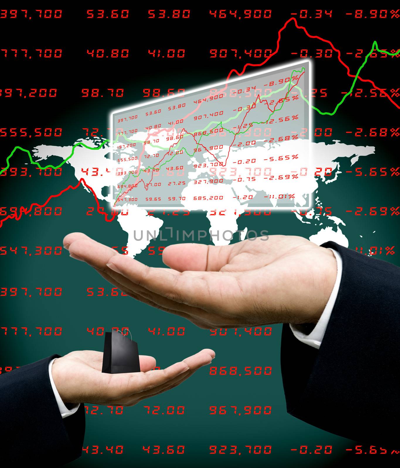 Analyst data in investor hand with world map background by pixbox77