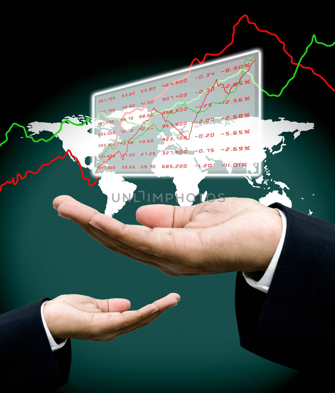 Analyst data in investor hand with world map background