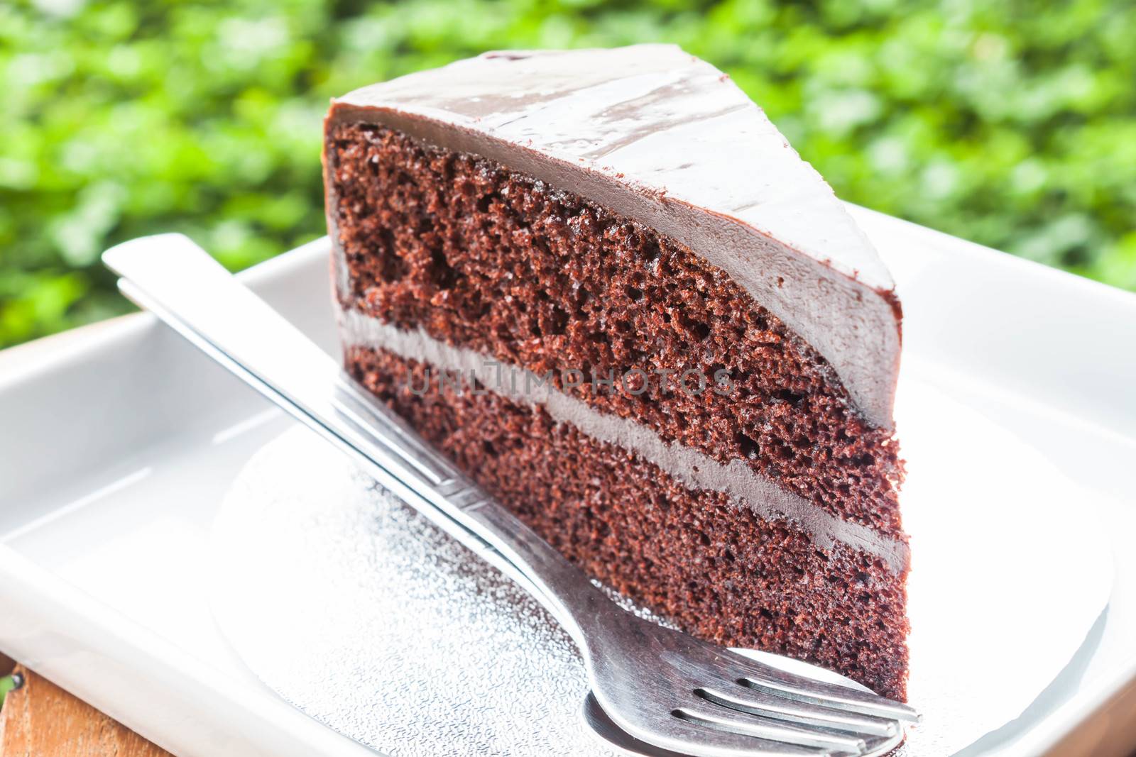 Double chocolate custard cake layers on white dish