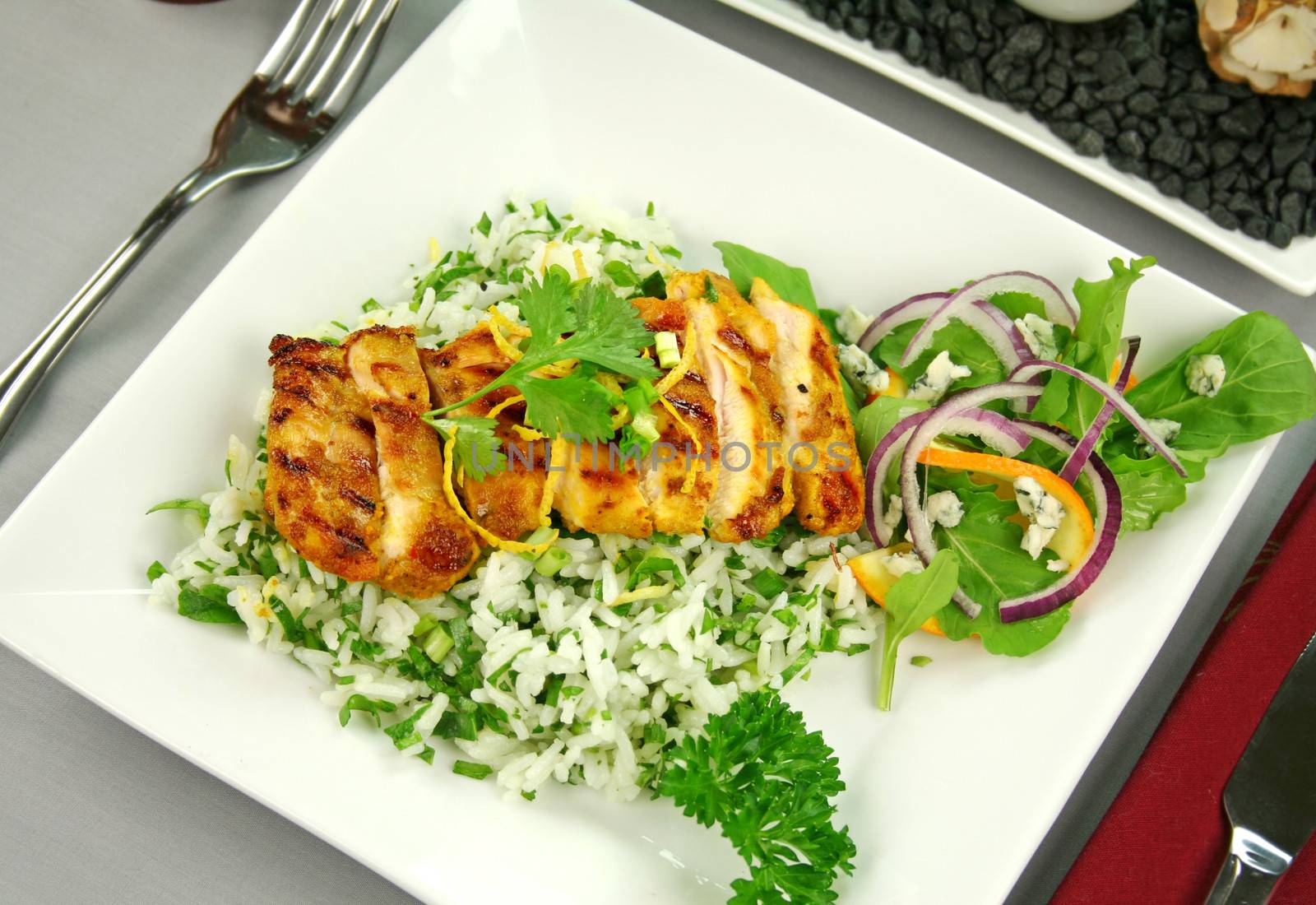 Indian chicken tikka on a bed of lemon coriander rice with salad.