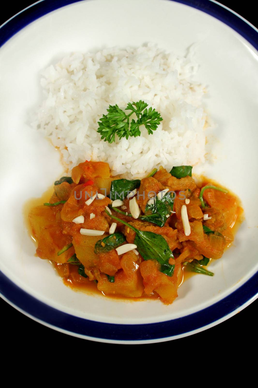 Delicious spicy lamb and tomato curry with rice.