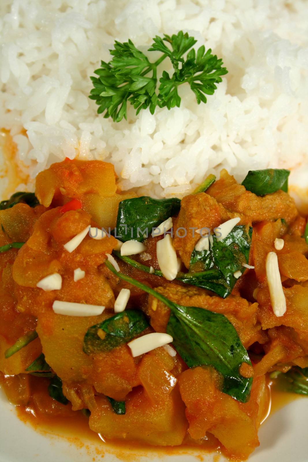 Delicious spicy lamb and tomato curry with rice.