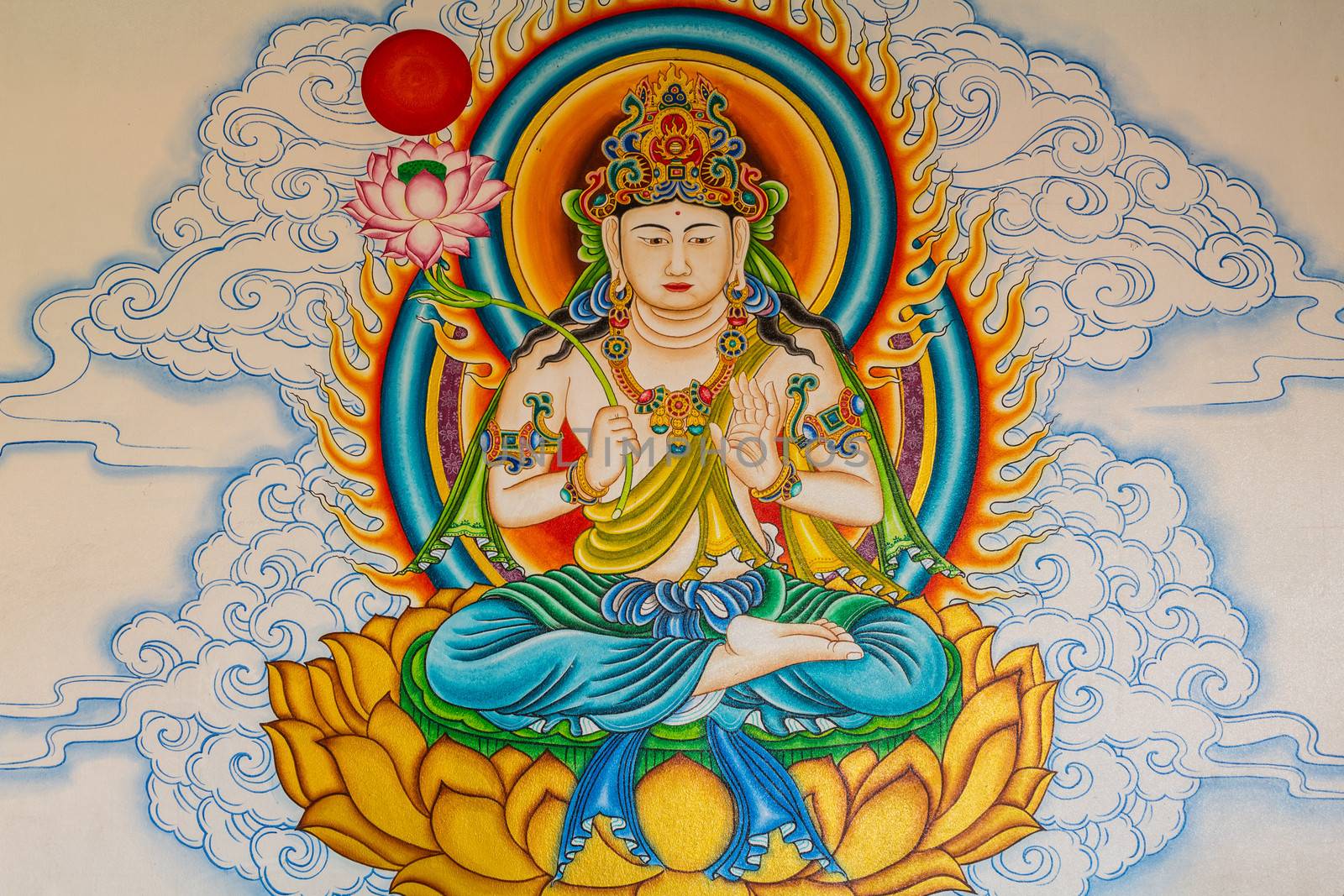 Buddha painting on the wall in chinese temple thailand