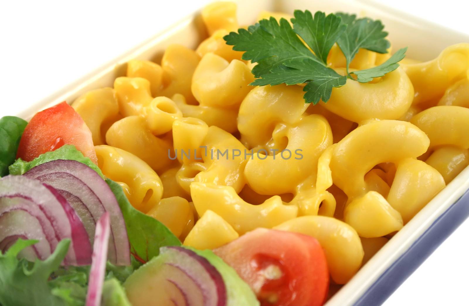 Macaroni cheese and a fresh red onion garden salad ready to serve.