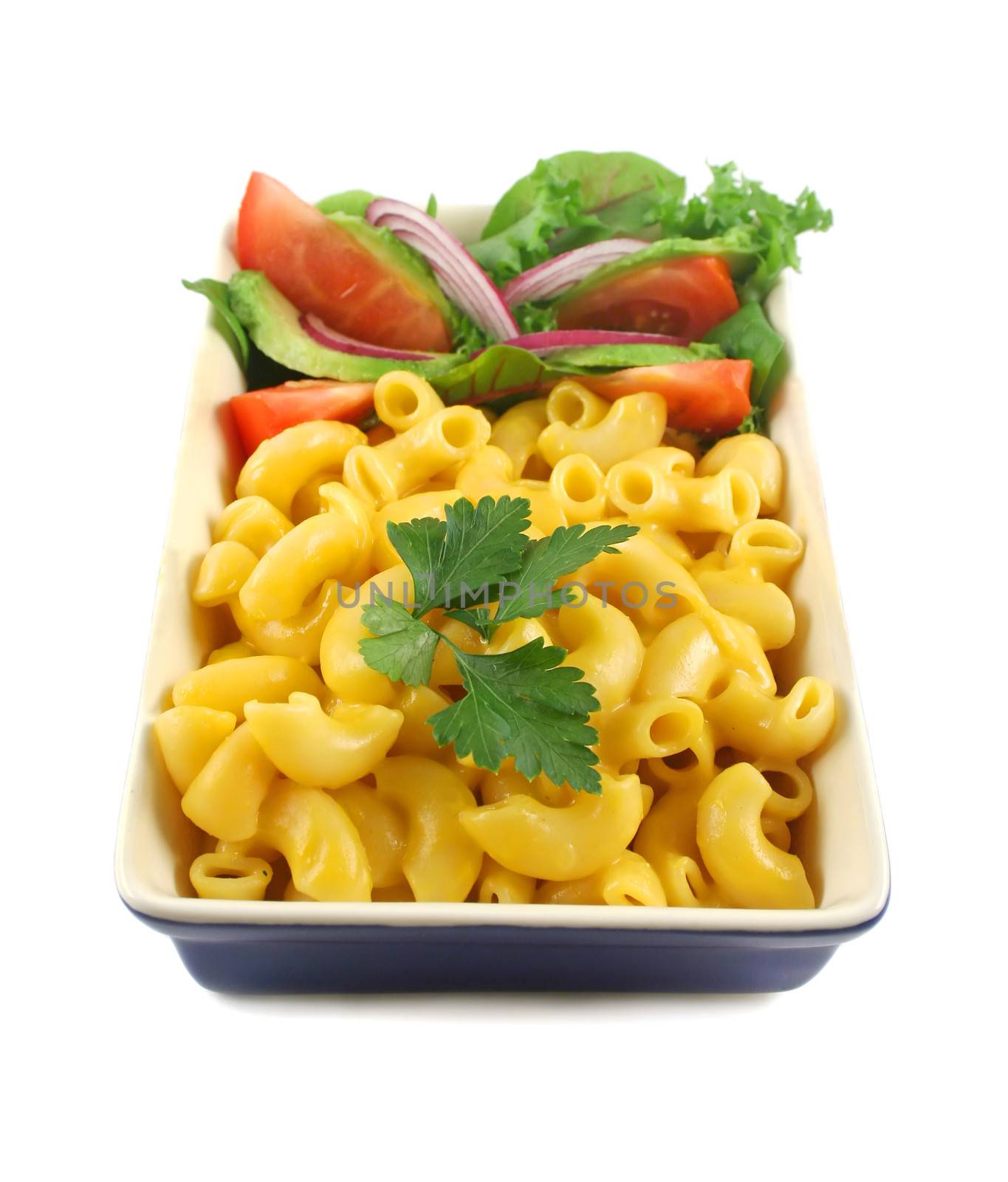 Macaroni cheese and a fresh red onion garden salad ready to serve.